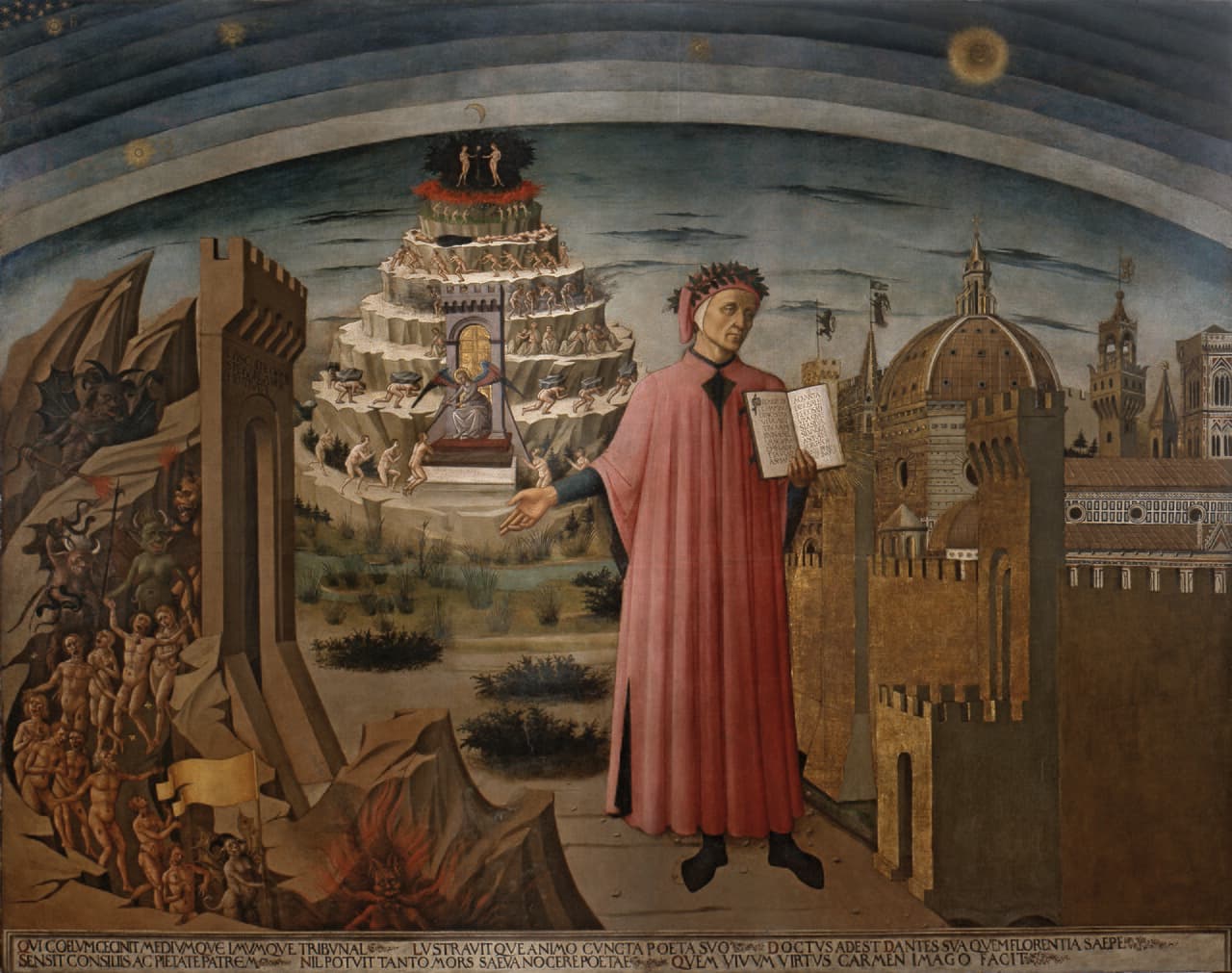 Dante holding the Divine Comedy, between Inferno, Purgatory and Florence, in Domenico di Michelino's fresco