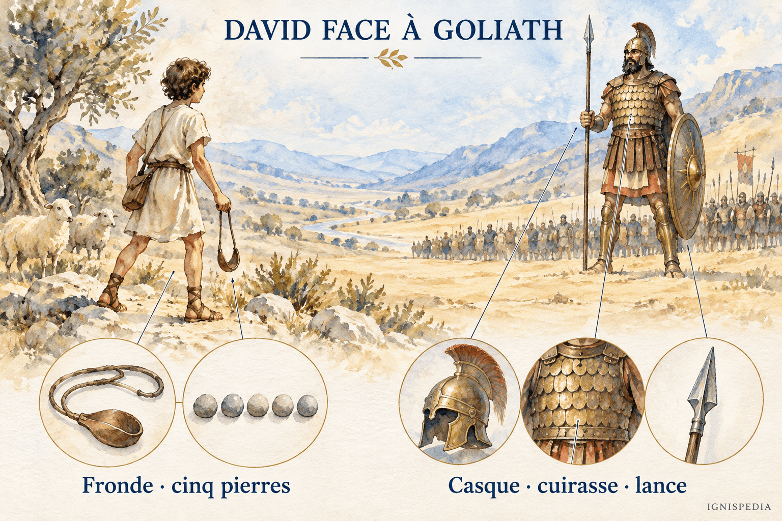 David avec sa fronde et cinq pierres face à l'armement de Goliath
