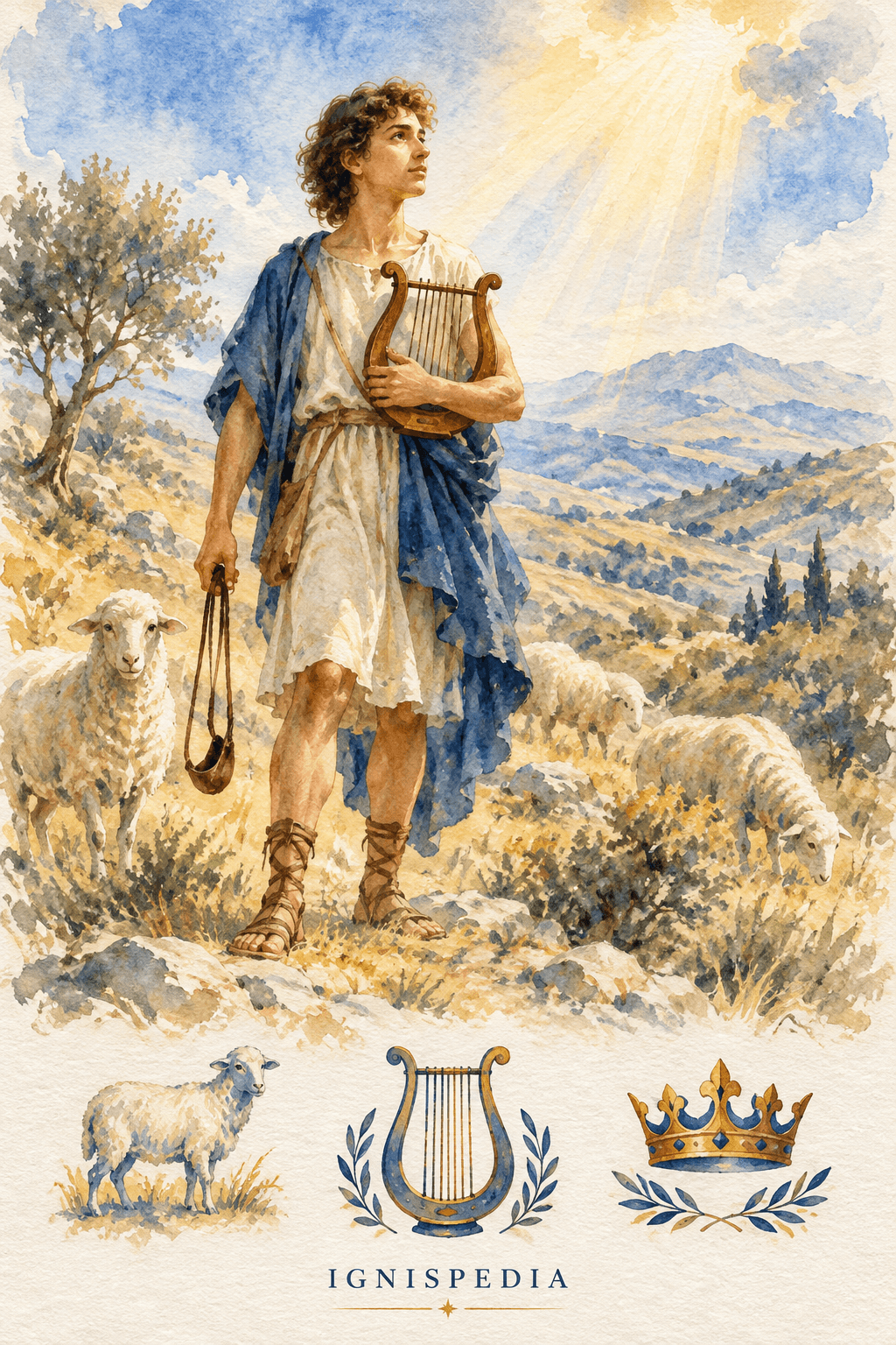 David jeune berger avec sa lyre, ses brebis et les symboles de sa royauté