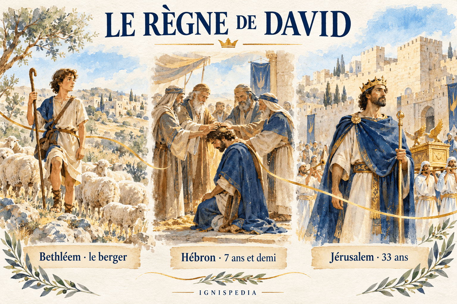 Les étapes de David, berger à Bethléem puis roi à Hébron et à Jérusalem