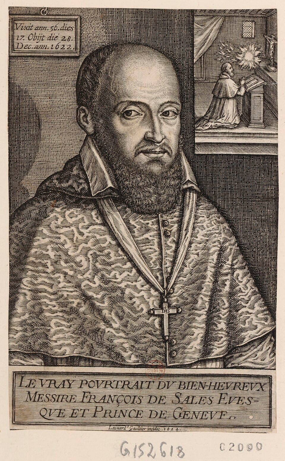 Gestochene Darstellung des heiligen Franz von Sales, Bischof von Genf und Kirchenlehrer.