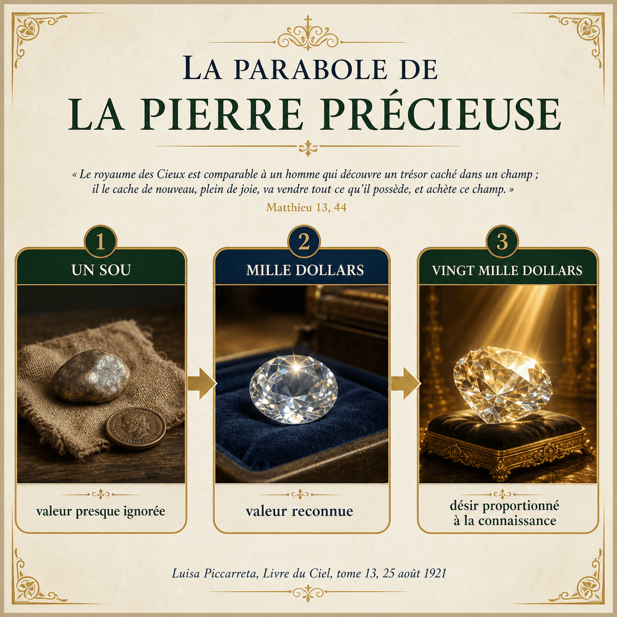 Infographie Ignispedia en trois vignettes sur la parabole de la pierre précieuse estimée d'abord un sou, puis mille dollars, puis vingt mille dollars.
