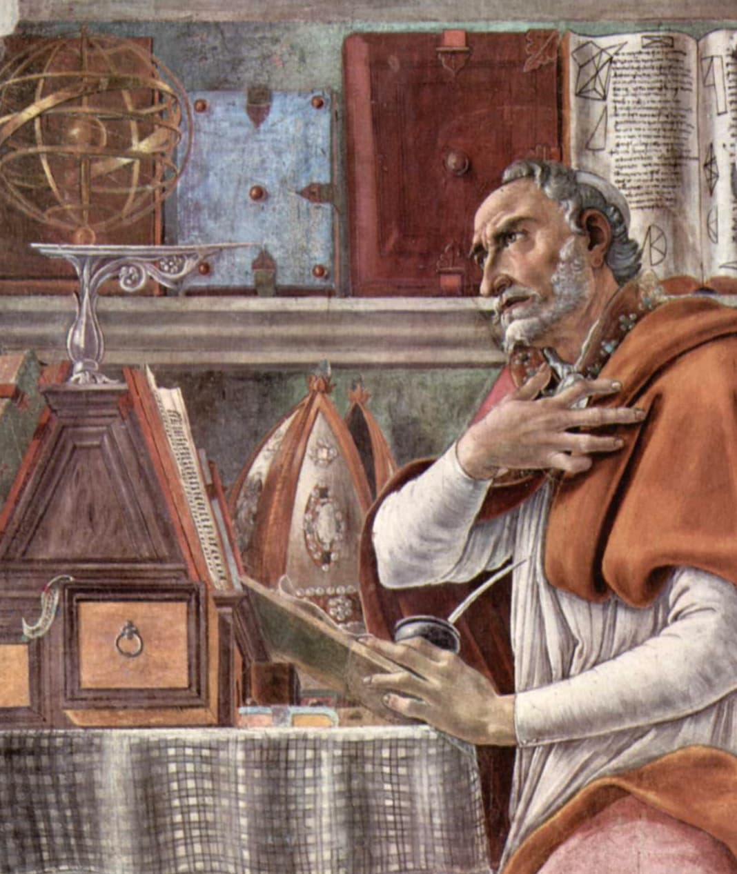 Der heilige Augustinus in seiner Studierstube, Fresko von Sandro Botticelli in der Kirche Ognissanti in Florenz.