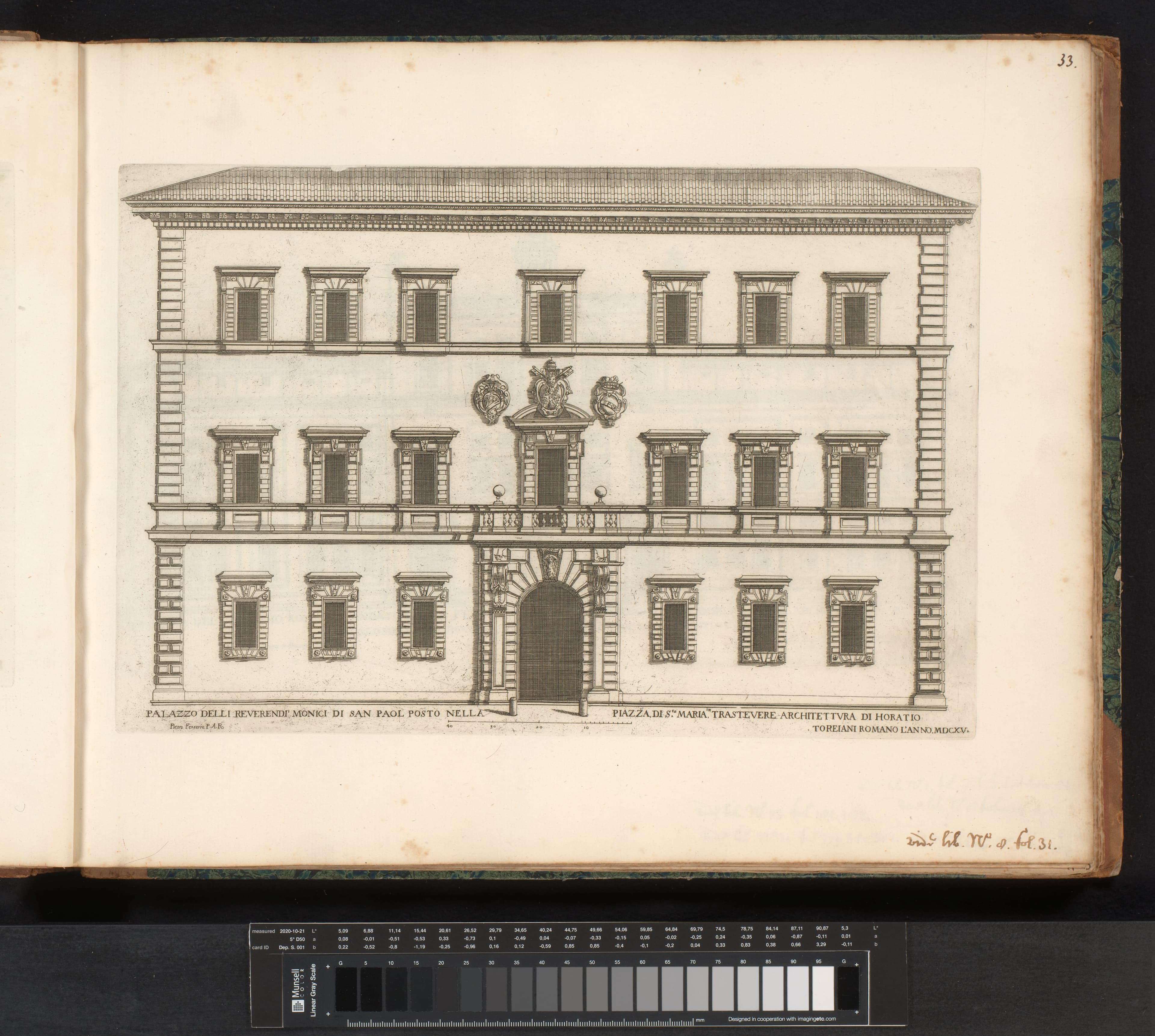 Fachada del Palazzo San Callisto, grabado de Giovanni Battista Falda según Pietro Ferrerio, en 1655 o después, conservado en el Rijksmuseum