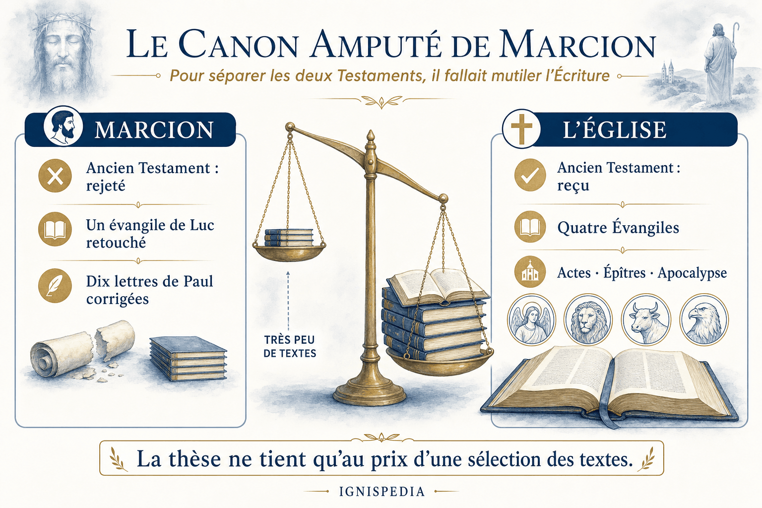 Infografik zu Marcions verstümmeltem Kanon: ein einziges bearbeitetes Lukasevangelium und zehn Paulusbriefe, das Alte Testament vollständig verworfen, gegenüber dem vollständigen Kanon der Kirche