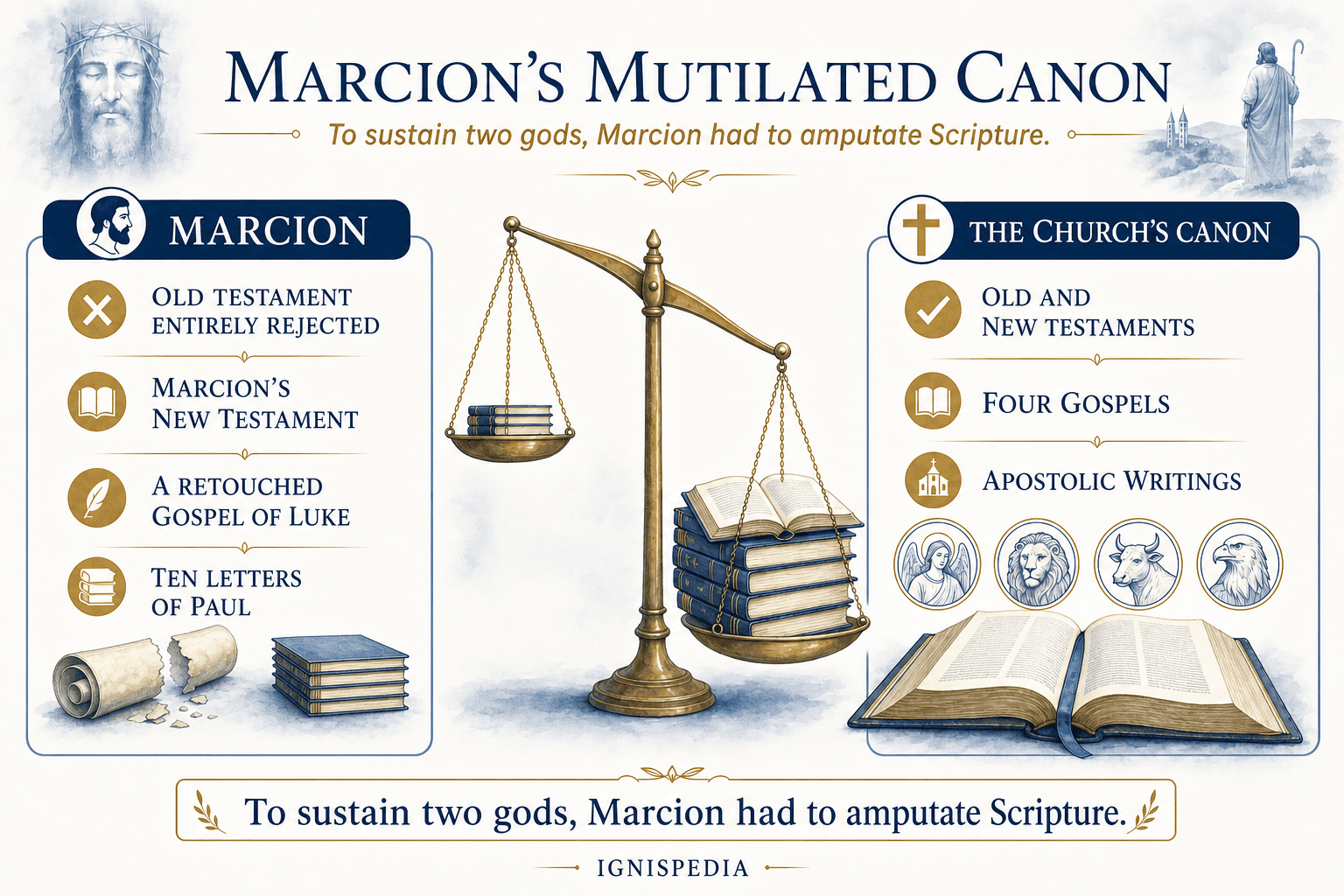 Infographic of Marcion’s amputated canon: only one edited Gospel of Luke and ten letters of Paul, the entire Old Testament rejected, compared to the Church’s complete canon
