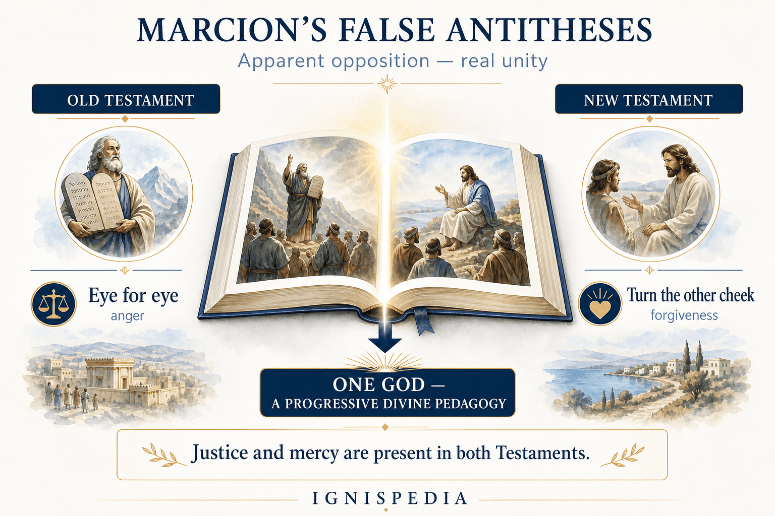 Infographic presenting Marcion’s false antitheses: eye for an eye opposed to turn the other cheek, anger opposed to forgiveness, and their resolution by the divine pedagogy of one God