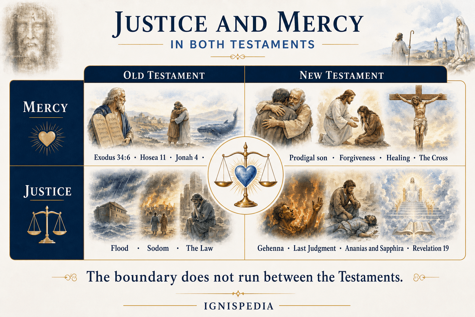 Infographic showing that justice and mercy coexist in both Testaments, and that the dividing line is not between the Old and New but within each