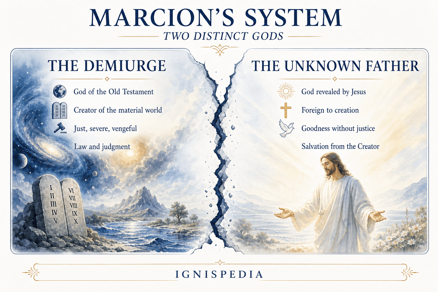 Infographic comparing the two gods in Marcion’s system: the Demiurge creator and just God of the Old Testament, and the good and unknown Father revealed by Jesus