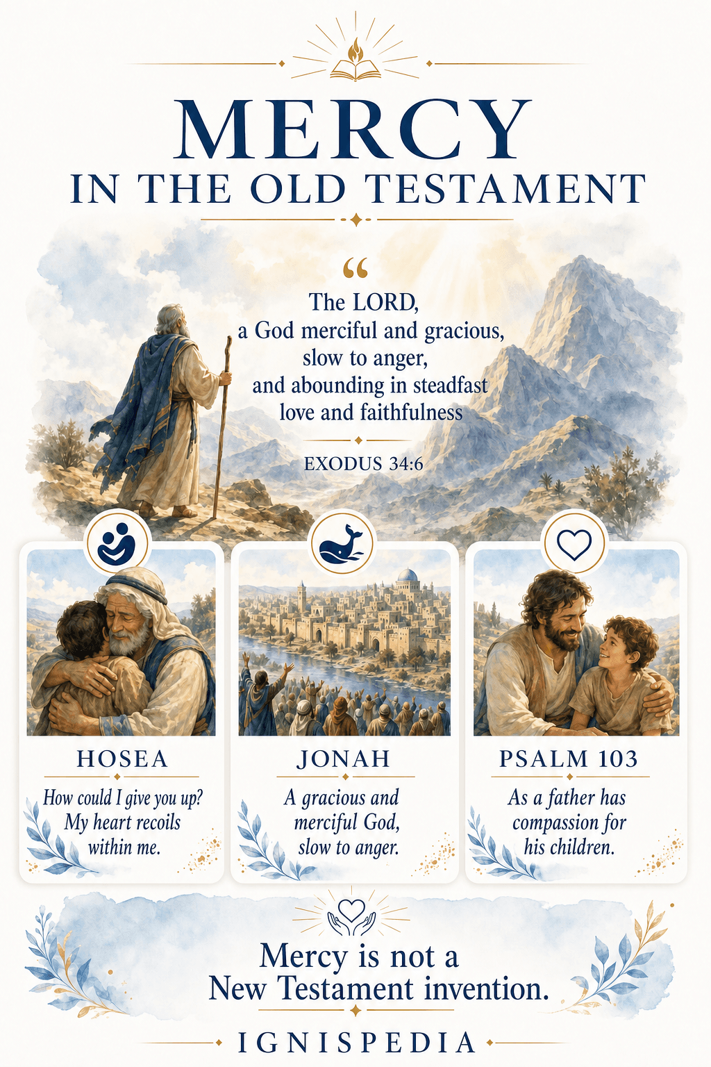 Infographic on God’s mercy in the Old Testament, centered on the revelation of the divine name in Exodus 34, and passages from Hosea, Jonah, and Psalm 103