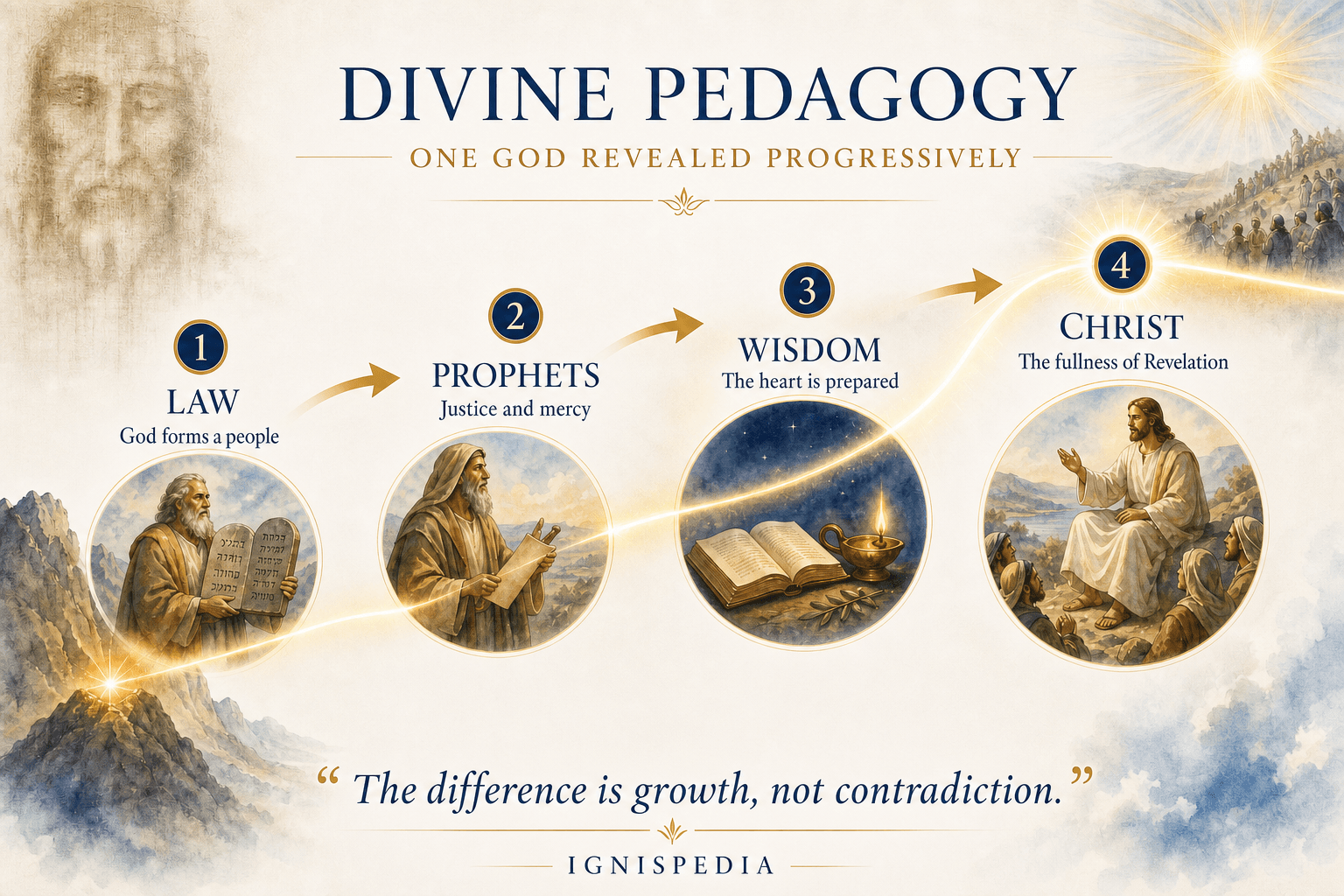 Infographic timeline of the progressive revelation of God: Law, Prophets, Wisdom, then fullness in Christ