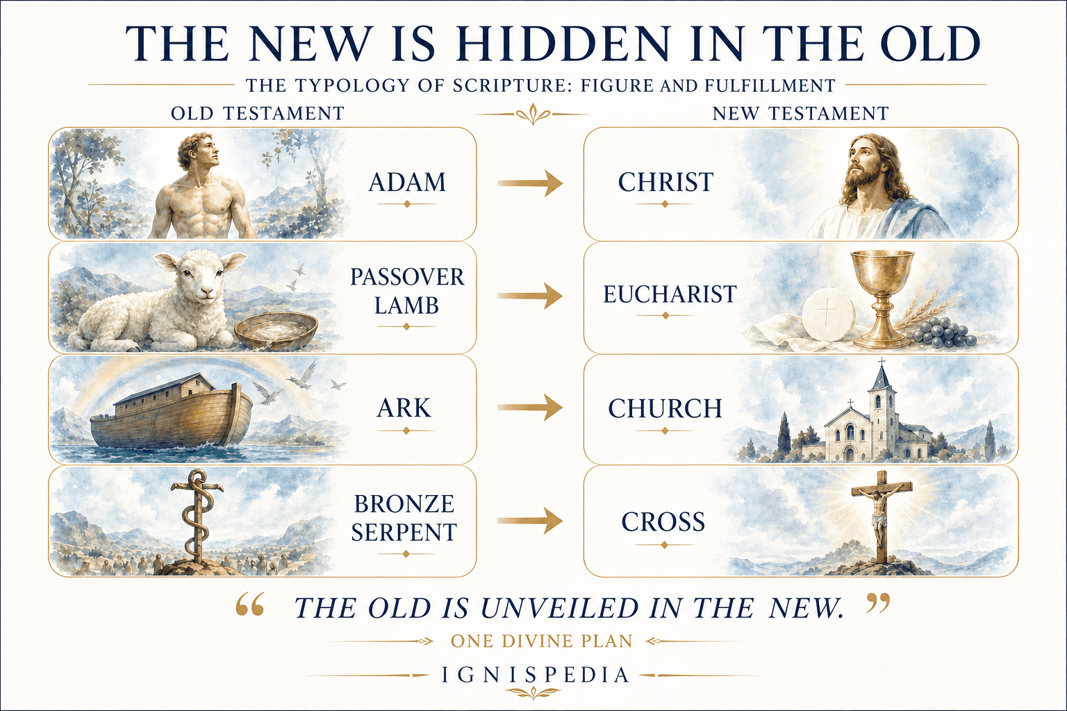 Typological infographic linking figures from the Old Testament to their fulfillment in the New: Adam and Christ, the paschal lamb and the Eucharist, the ark and the Church, the bronze serpent and the Cross