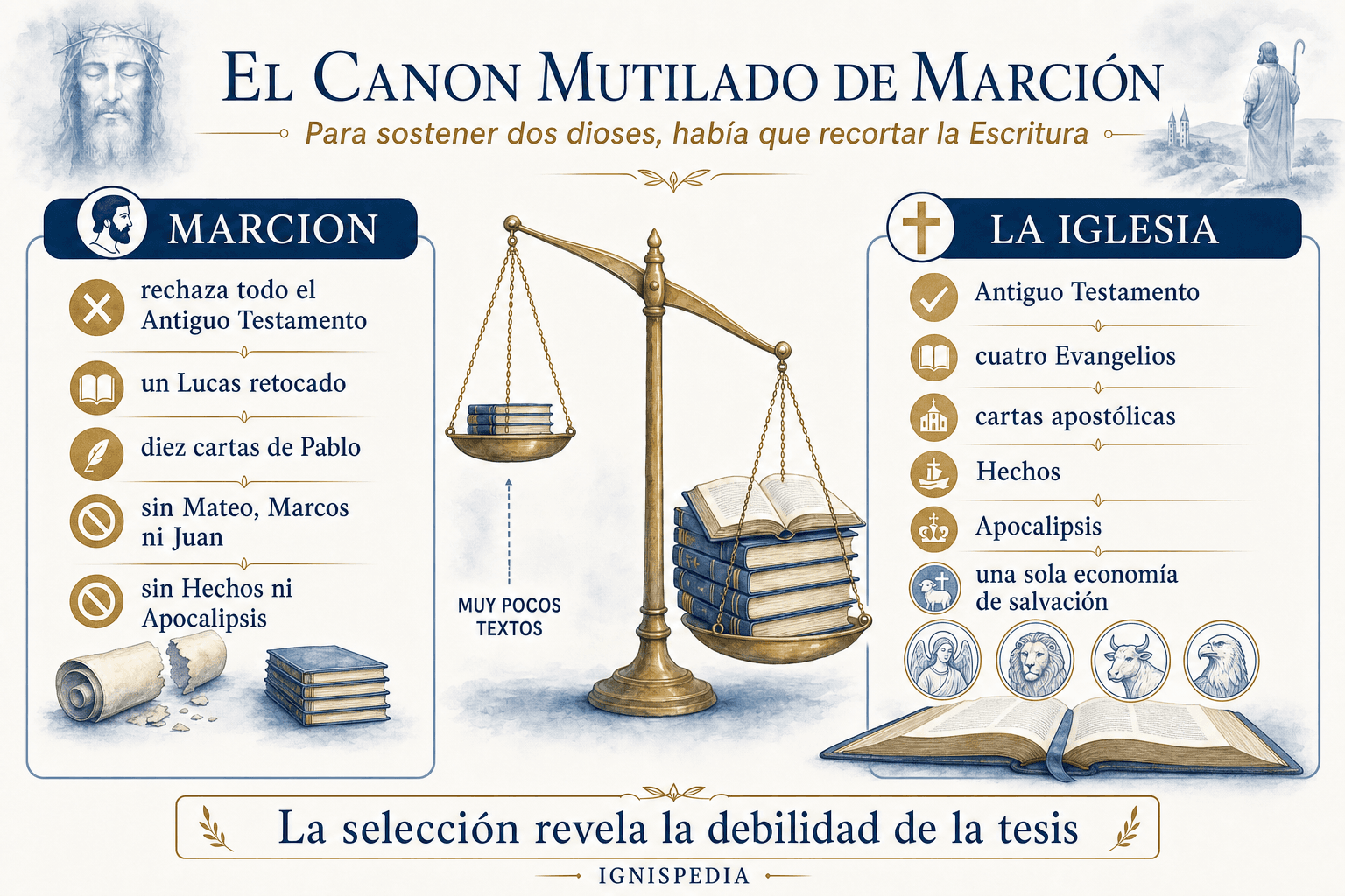 Infografía del canon amputado de Marción: un solo evangelio retocado de Lucas y diez cartas de Pablo, el Antiguo Testamento completamente rechazado, frente al canon completo de la Iglesia