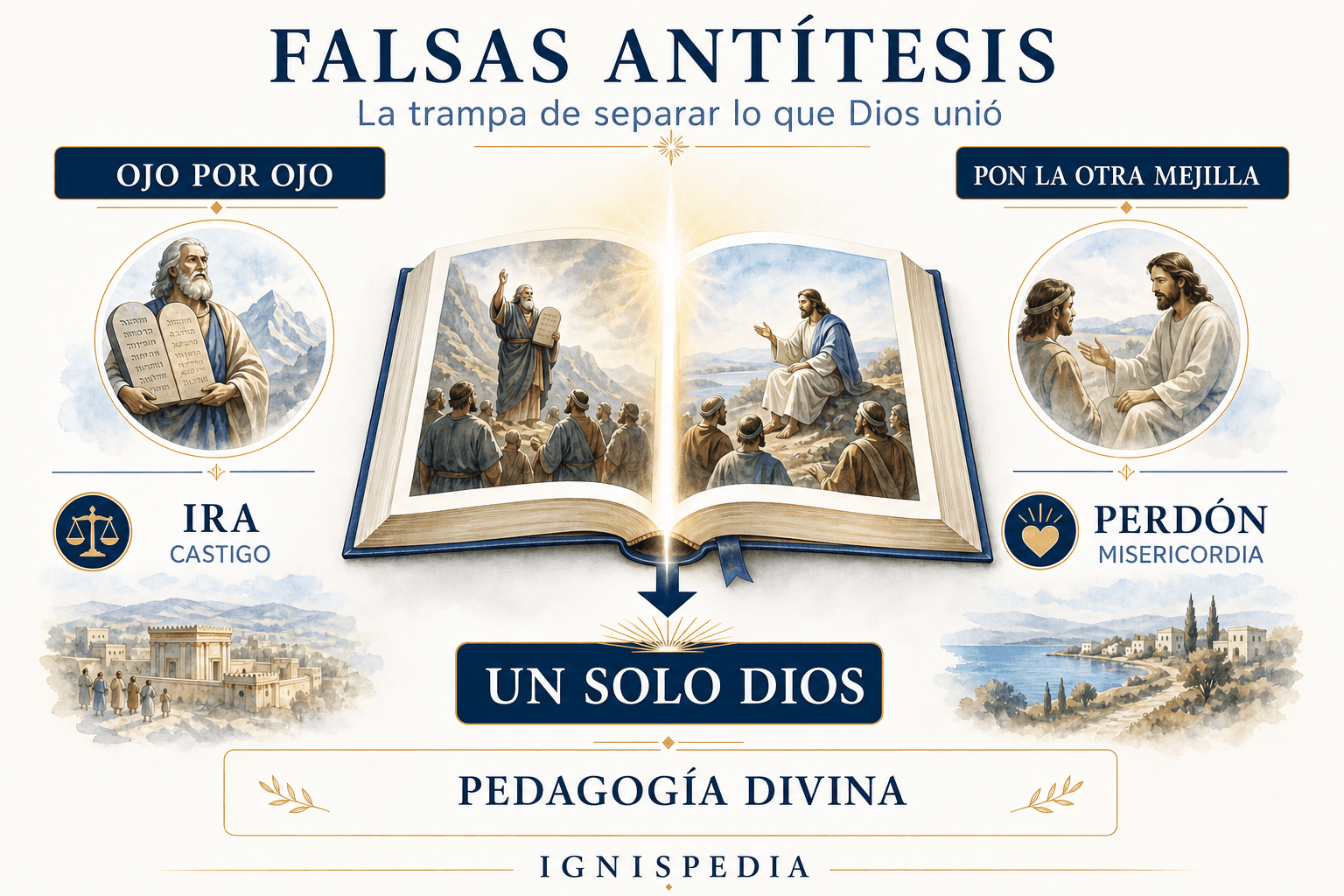 Infografía que presenta las falsas antítesis de Marción: ojo por ojo opuesto a poner la otra mejilla, ira opuesta a perdón, y su resolución por la pedagogía divina de un solo Dios
