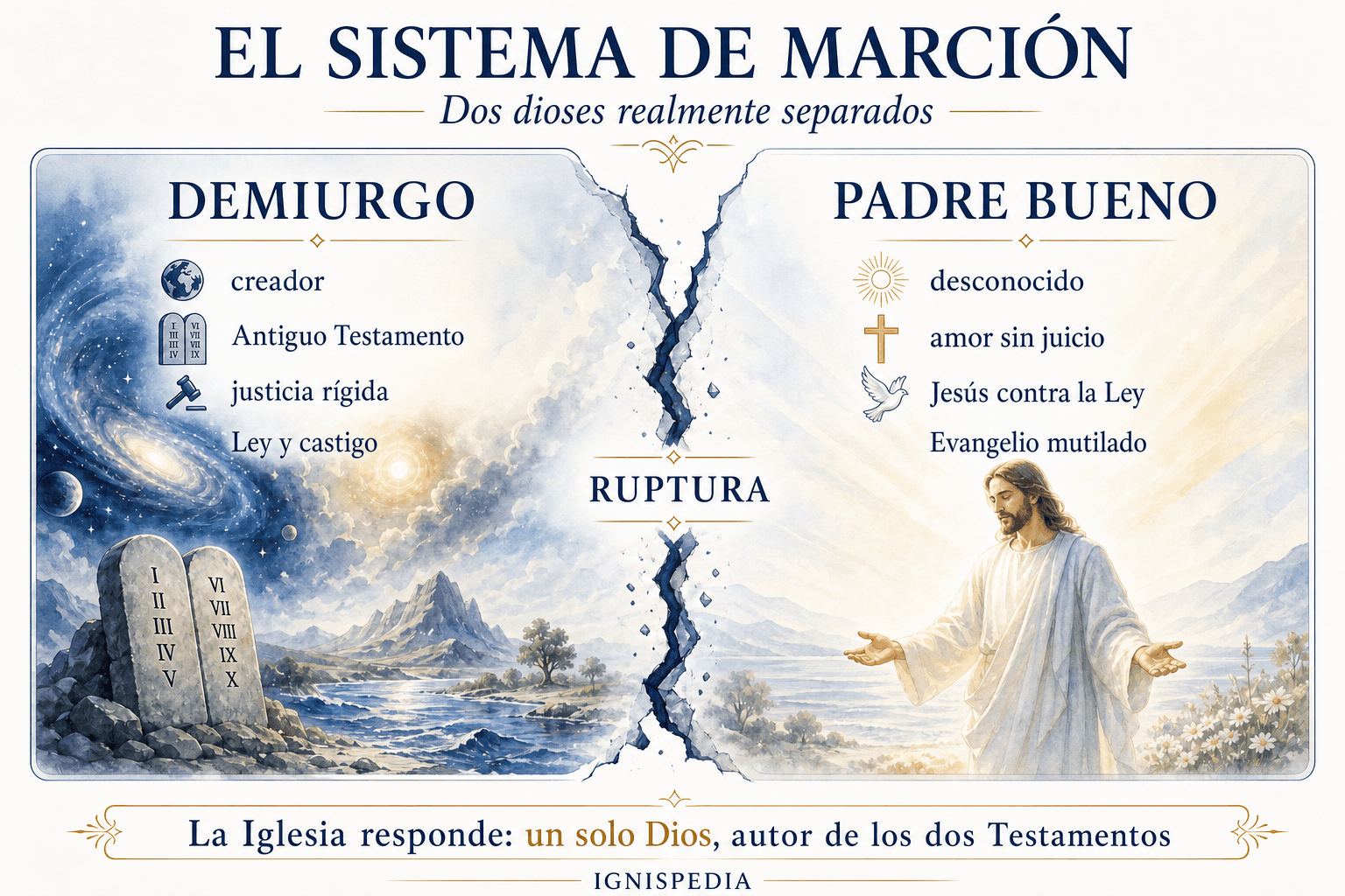 Infografía comparando a los dos dioses del sistema de Marción: el Demiurgo creador y justiciero del Antiguo Testamento, y el Padre bueno y desconocido revelado por Jesús