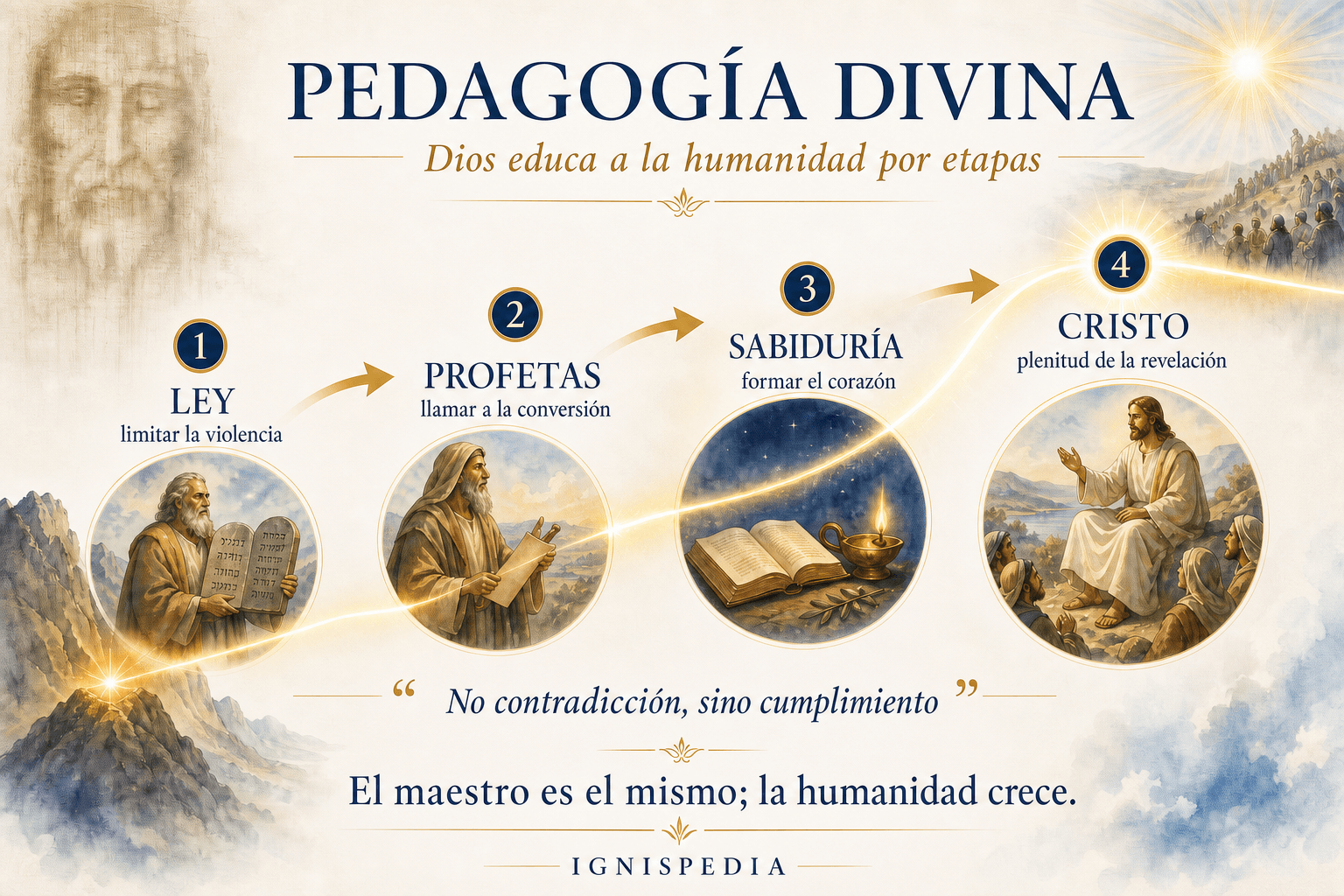 Infografía en línea de tiempo de la revelación progresiva de Dios: Ley, Profetas, Sabiduría, luego plenitud en Cristo