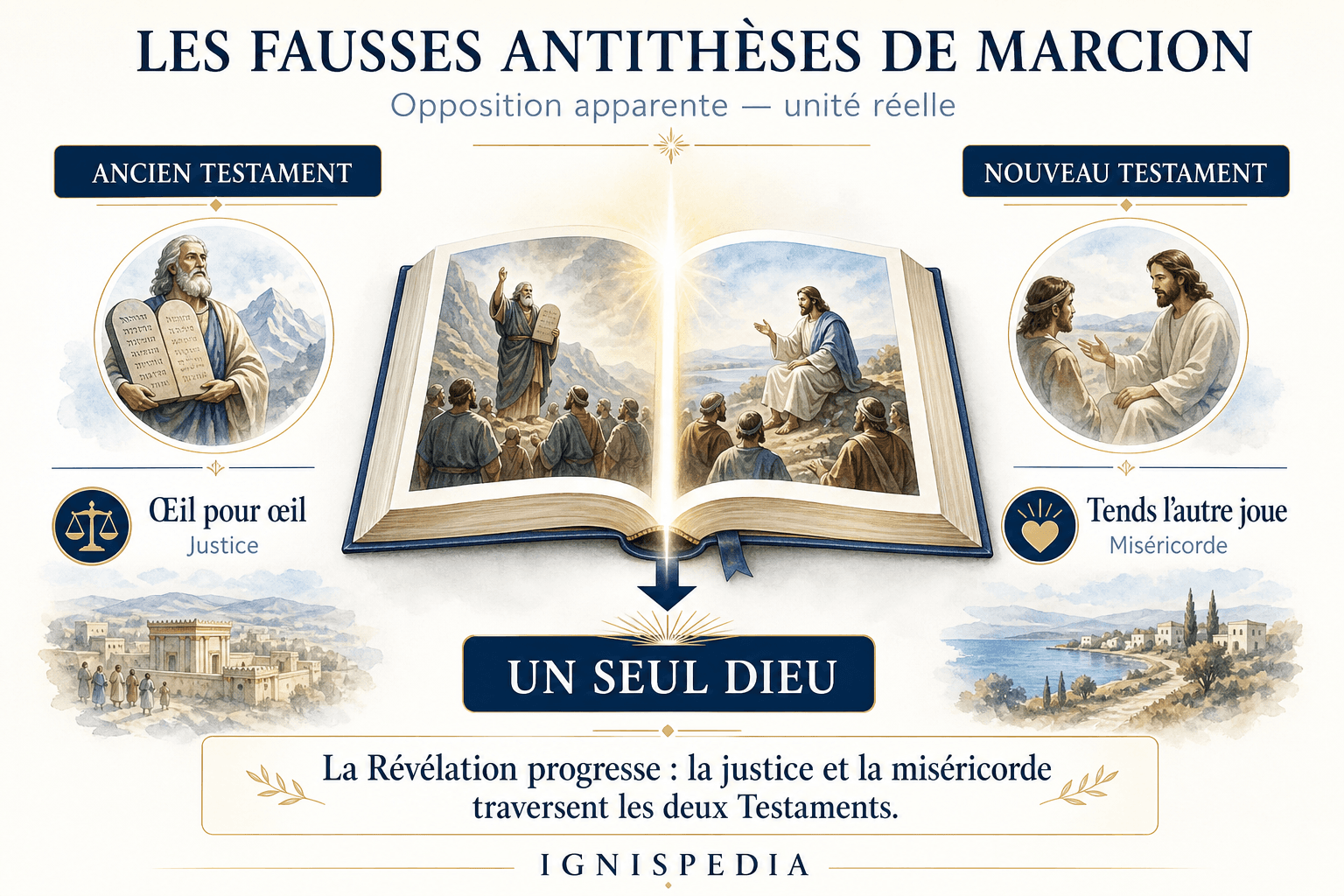 Infografik zu Marcions falschen Antithesen : Auge um Auge gegen halte die andere Wange hin, Zorn gegen Vergebung, und ihre Auflösung durch die Pädagogik des einen Gottes