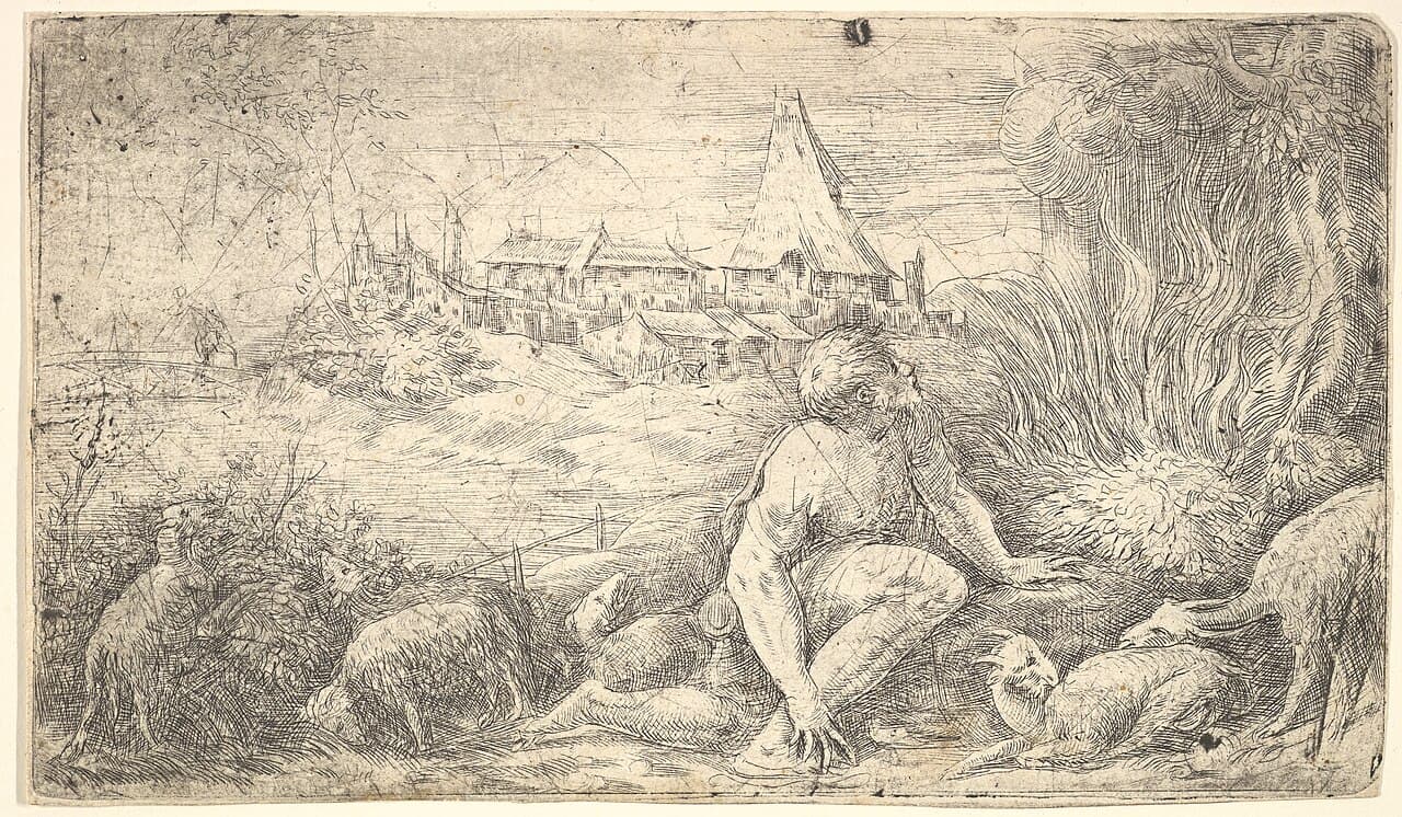 Moses vor dem brennenden Dornbusch, Stich von Andrea Schiavone im Metropolitan Museum of Art