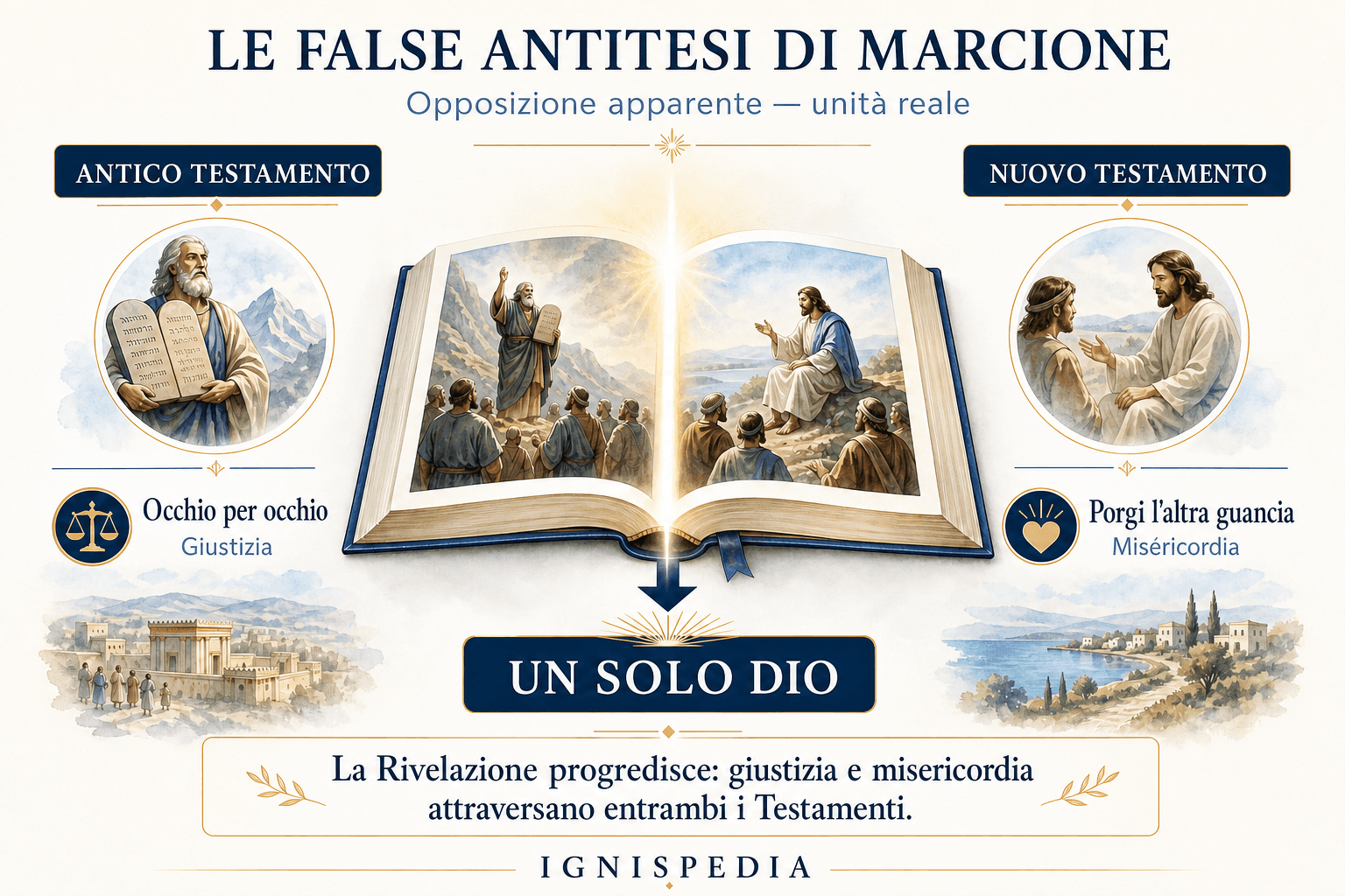 Infografica che presenta le false antitesi di Marcion: occhio per occhio opposto a porgi l'altra guancia, ira opposta a perdono, e la loro risoluzione tramite la pedagogia divina di un solo Dio