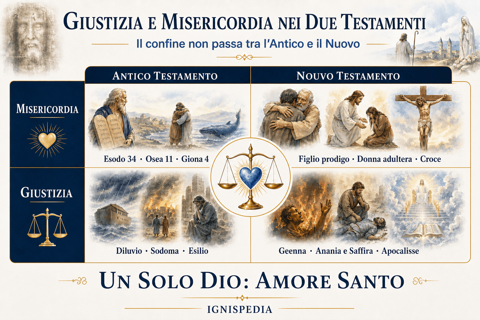 Infografica che mostra come giustizia e misericordia coesistano in entrambi i Testamenti, e che il confine non passa tra Antico e Nuovo ma all’interno di ciascuno