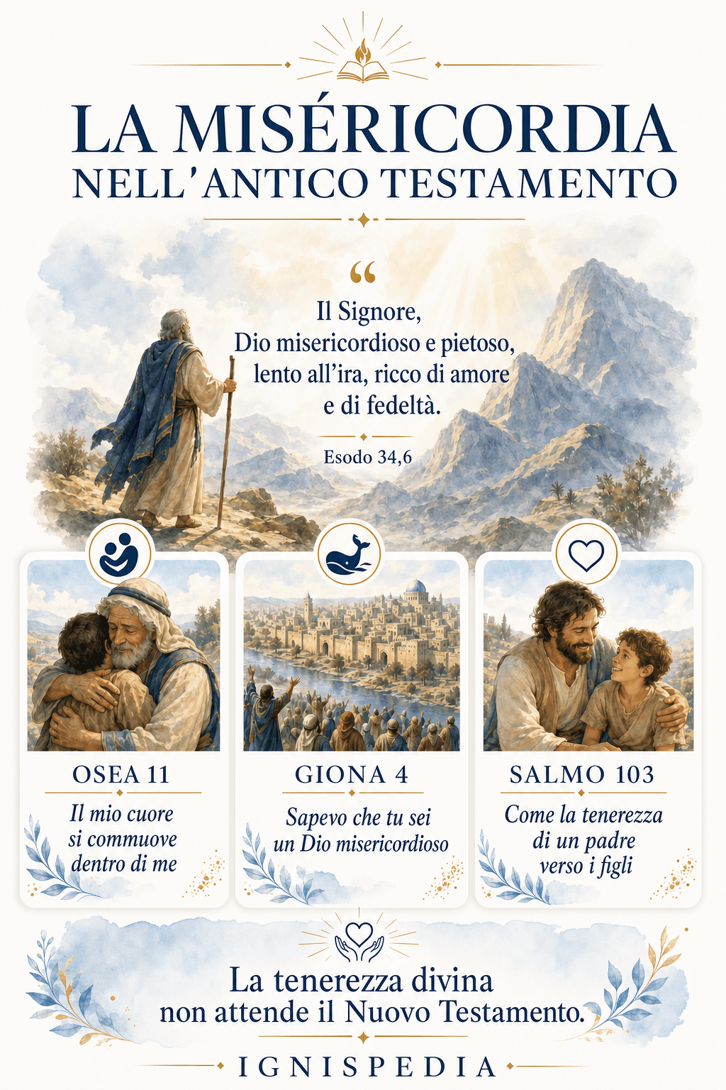 Infografica sulla misericordia di Dio nell'Antico Testamento, attorno alla rivelazione del nome divino in Esodo 34, e ai passi di Osea, Giona e del Salmo 103