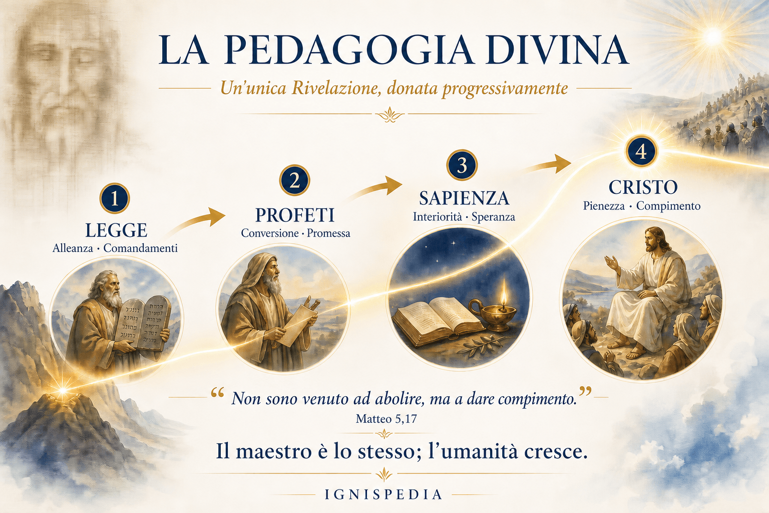 Infografica a frise della rivelazione progressiva di Dio: Legge, Profeti, Sapienza, poi pienezza in Cristo