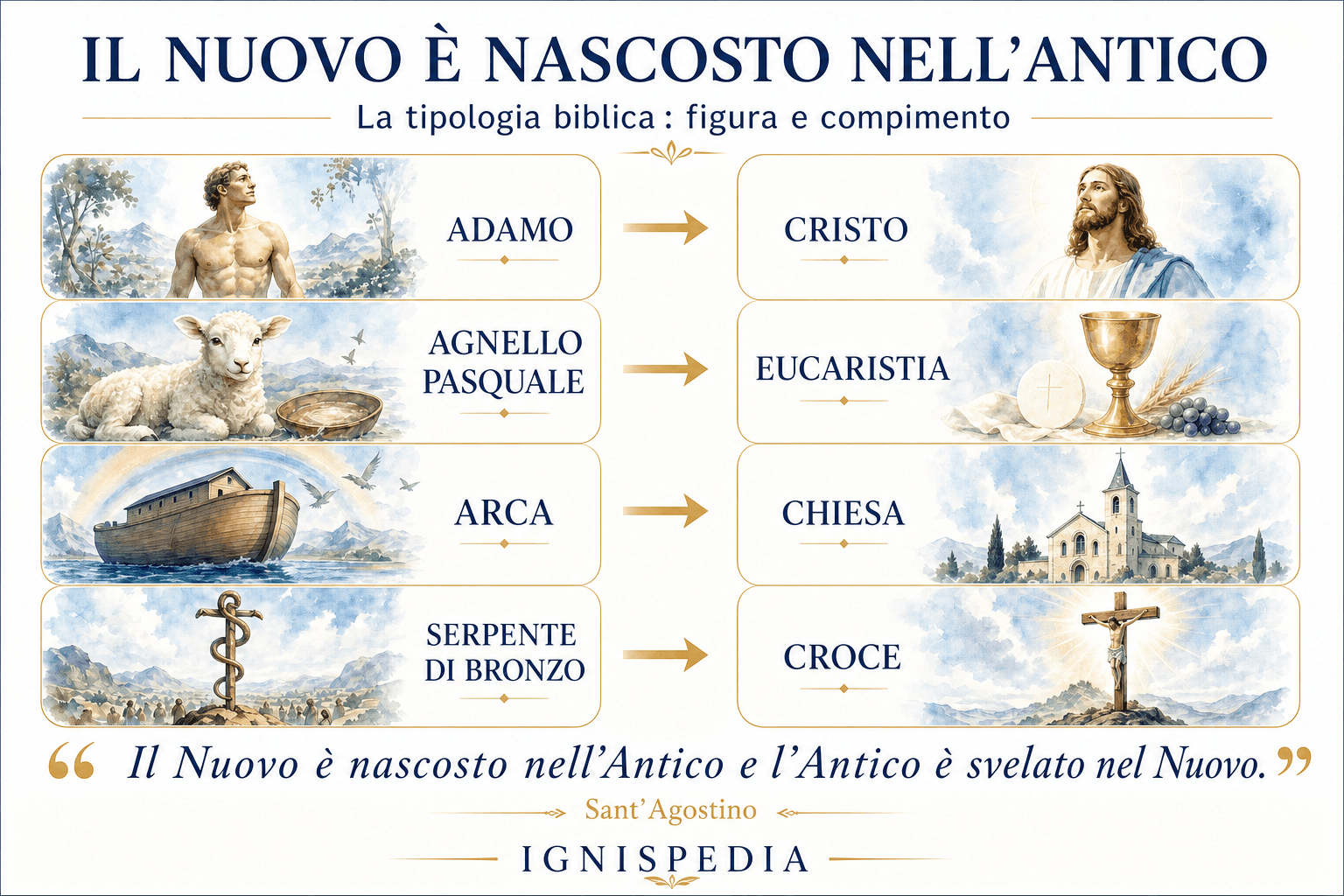 Infografica tipologica che collega figure dell’Antico Testamento al loro compimento nel Nuovo: Adamo e Cristo, l’agnello pasquale e l’Eucaristia, l’arca e la Chiesa, il serpente di bronzo e la Croce
