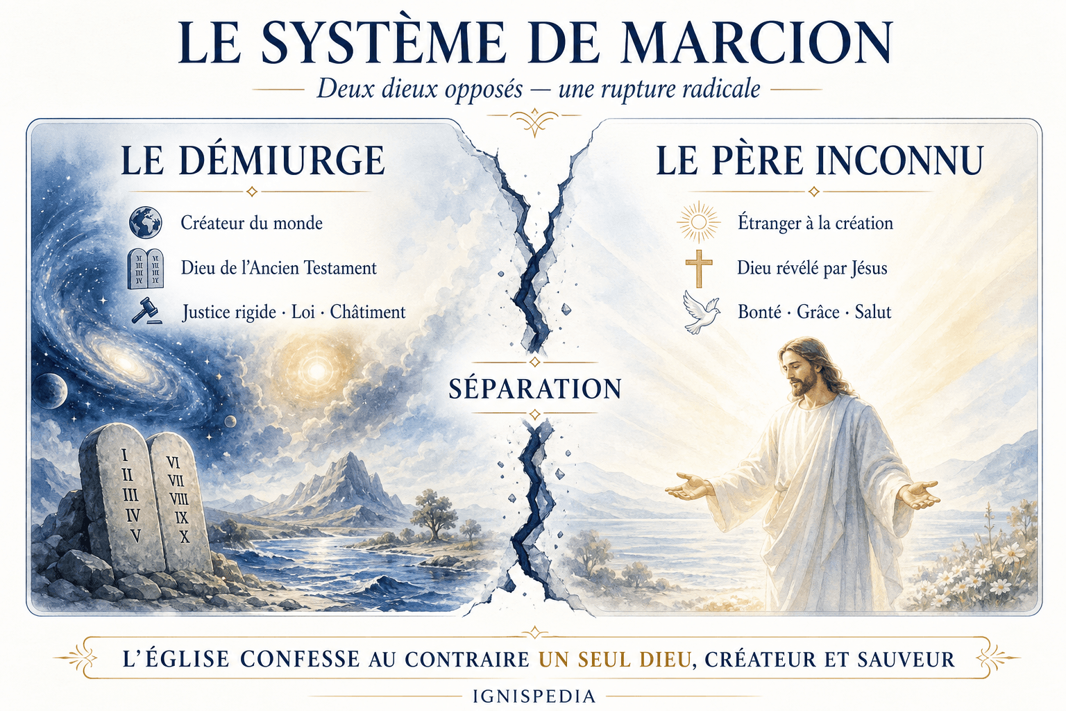 Infografik zum Vergleich der zwei Götter in Marcions System: der schöpferische und strafende Demiurg des Alten Testaments und der gute und unbekannte Vater, den Jesus offenbart