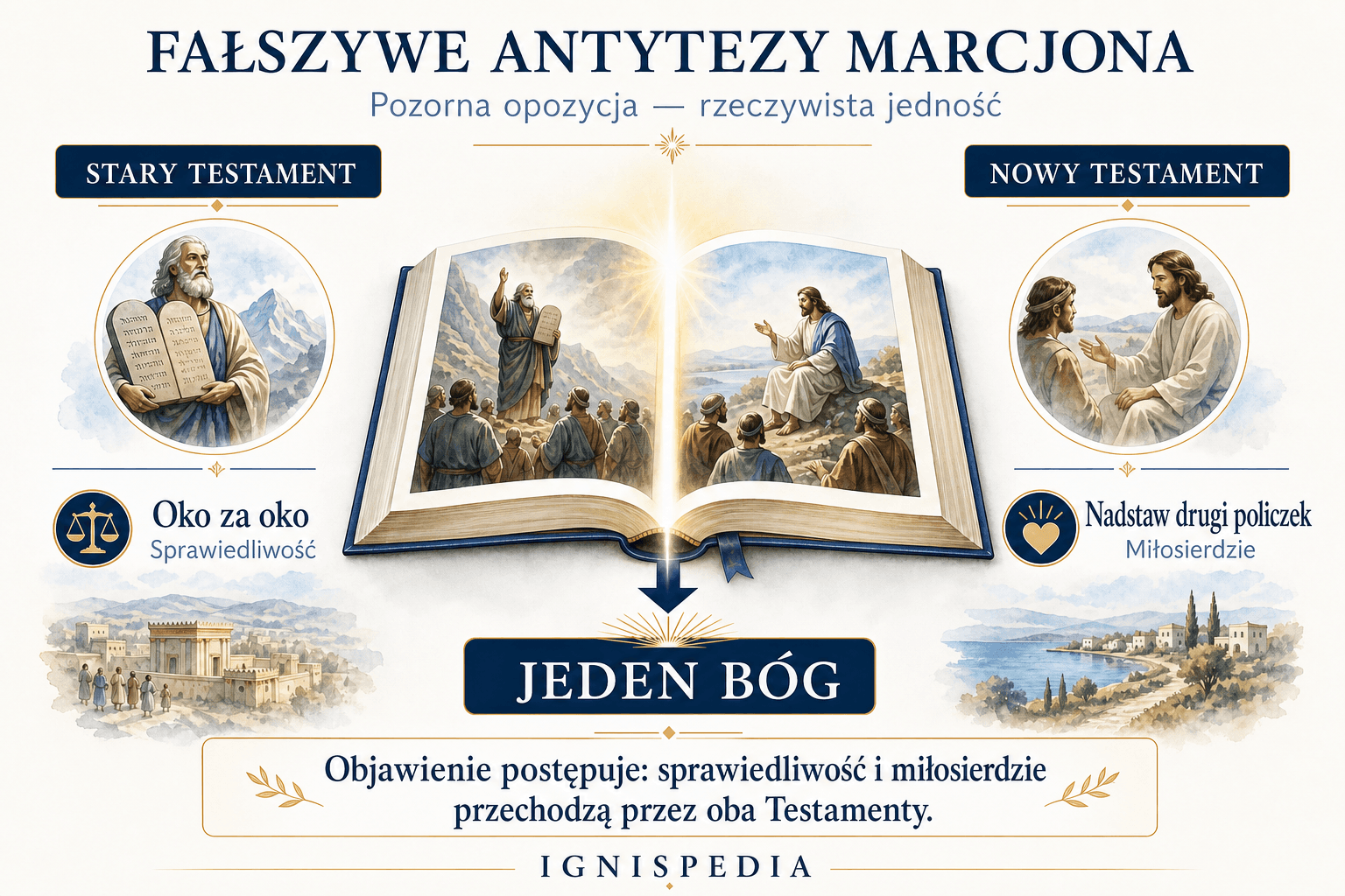 Infografika przedstawiająca fałszywe antytezy Marcjona: oko za oko przeciwstawione nadstawieniu drugiego policzka, gniew przeciwstawiony przebaczeniu, oraz ich rozwiązanie przez Bożą pedagogię jedynego Boga