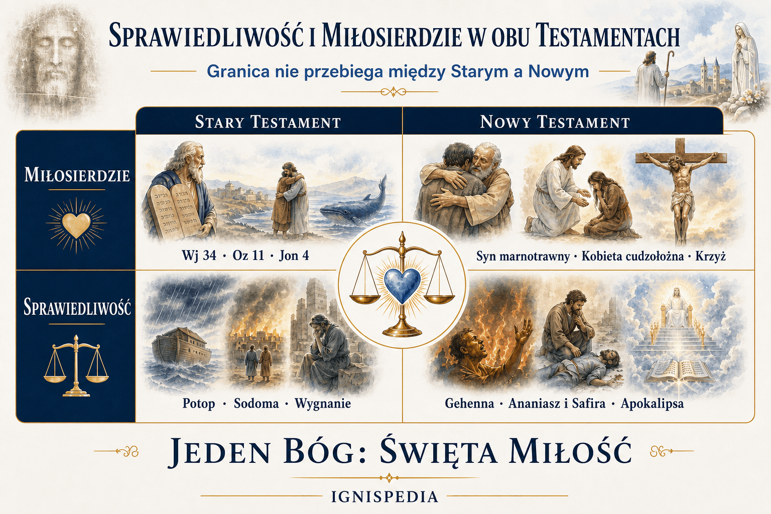 Infografika pokazująca, że sprawiedliwość i miłosierdzie współistnieją w każdym z dwóch Testamentów, a granica nie przebiega między Starym a Nowym, lecz wewnątrz każdego z nich
