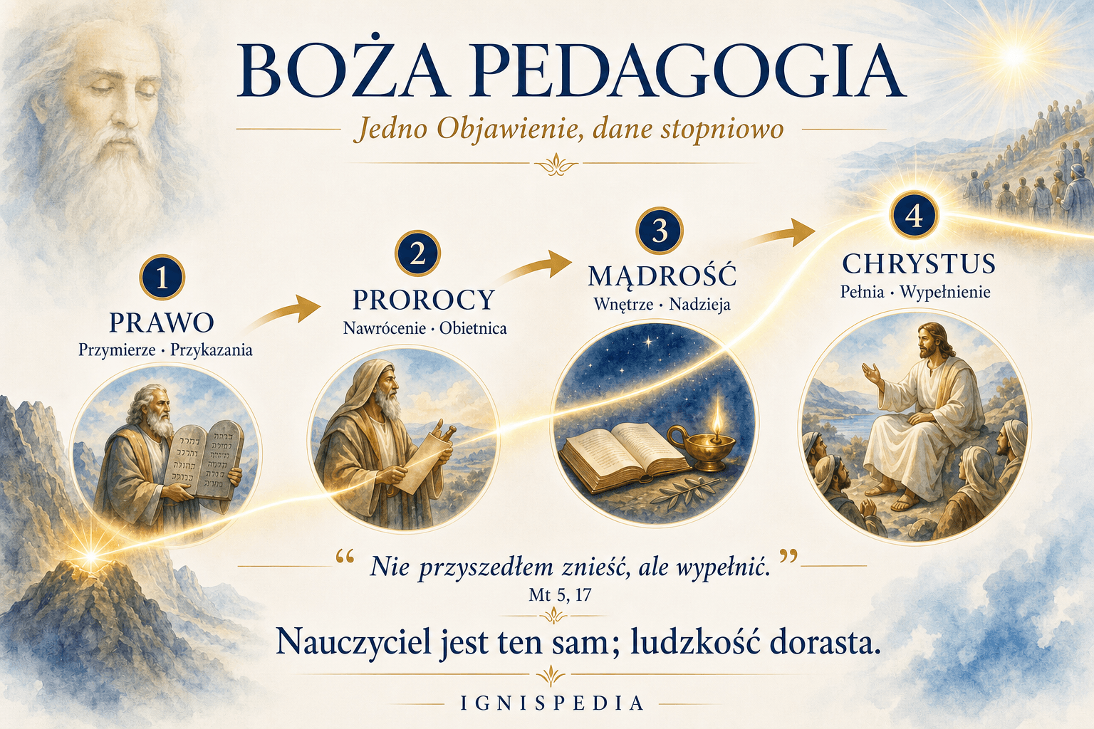Infografika w formie osi czasu ukazująca stopniowe objawianie się Boga: Prawo, Prorocy, Mądrość, a następnie pełnia w Chrystusie