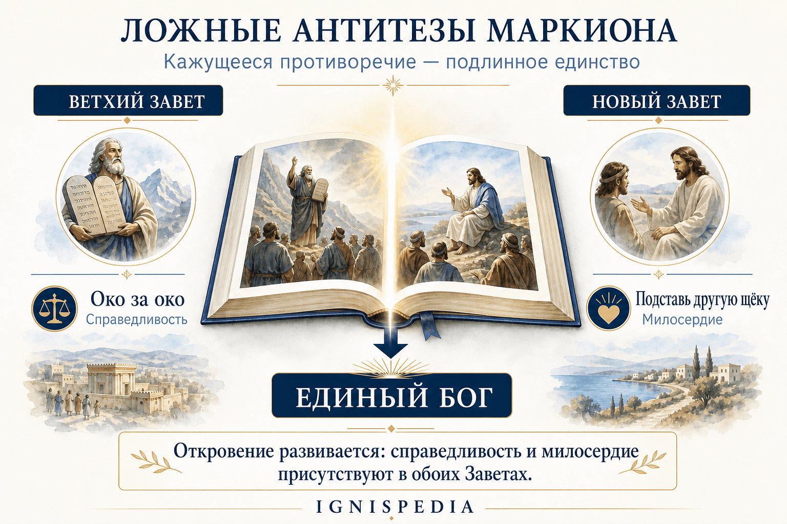 Инфографика, показывающая ложные антитезы Маркиона: глаз за глаз противопоставлен подставь другую щеку, гнев противопоставлен прощению, и их разрешение через божественную педагогику единого Бога