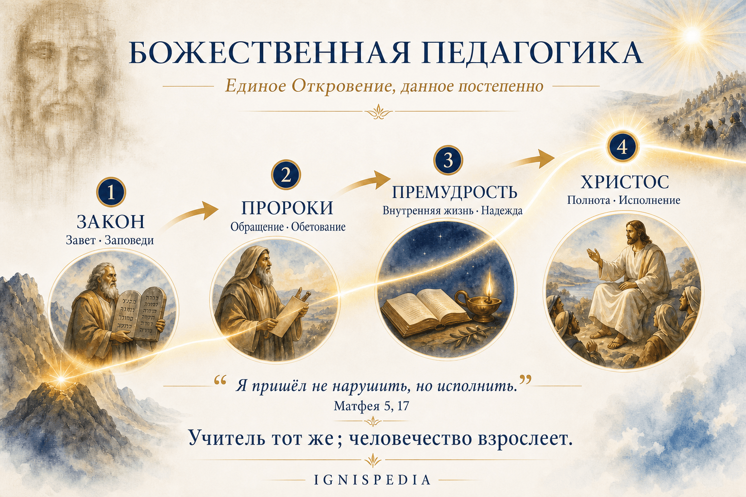 Инфографика с хронологией постепенного откровения Бога: Закон, Пророки, Мудрость, затем полнота во Христе