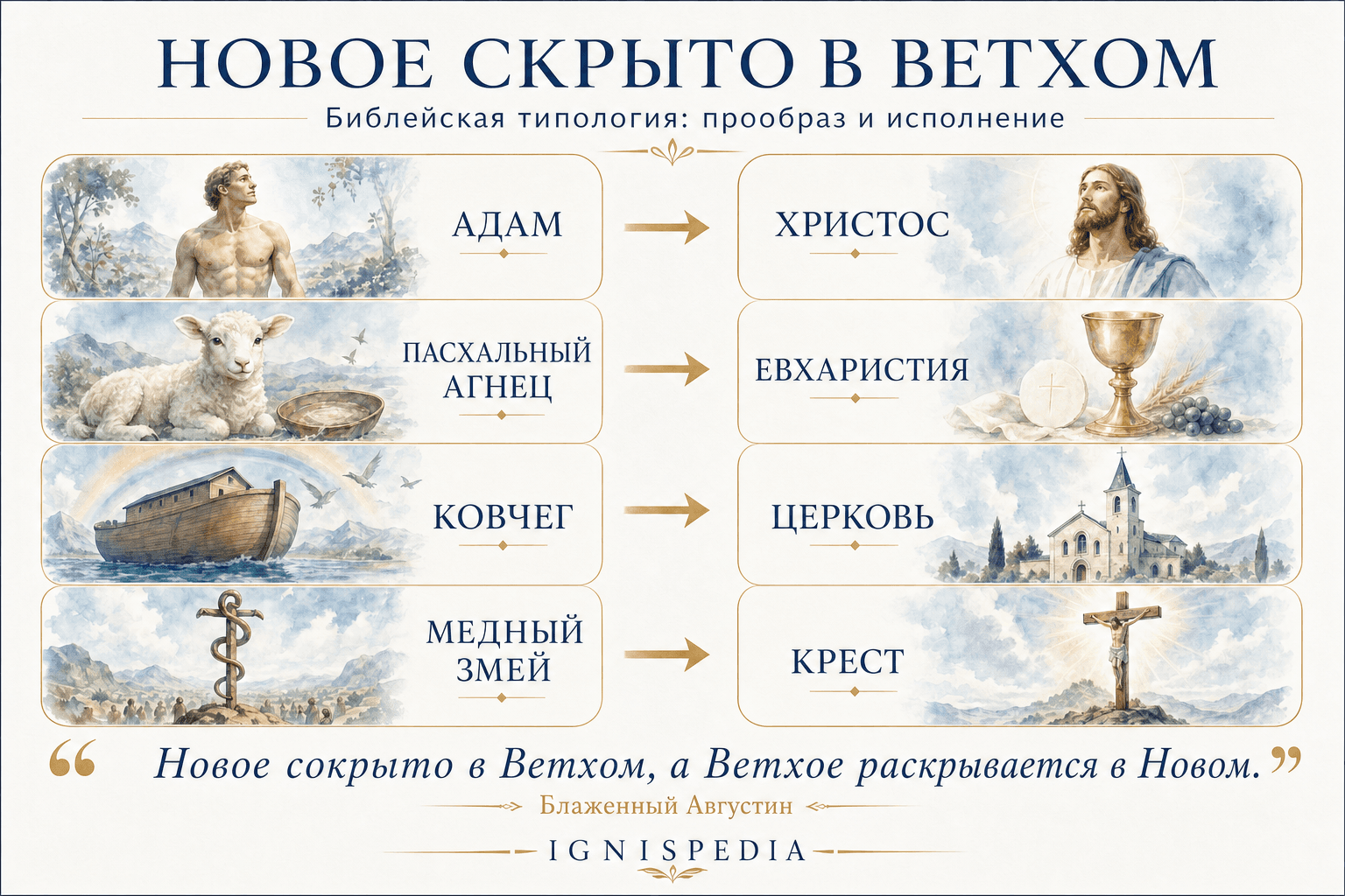 Типологическая инфографика, связывающая фигуры Ветхого Завета с их исполнением в Новом: Адам и Христос, пасхальный агнец и Евхаристия, ковчег и Церковь, медный змей и Крест