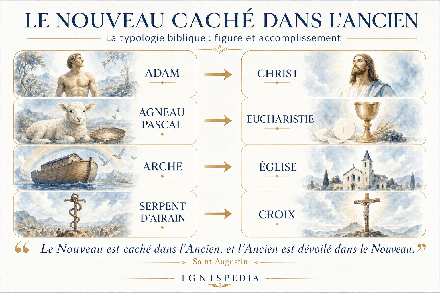Typologische Infografik, die Gestalten des Alten Testaments mit ihrer Erfüllung im Neuen verbindet: Adam und Christus, das Paschalamm und die Eucharistie, die Arche und die Kirche, die eherne Schlange und das Kreuz