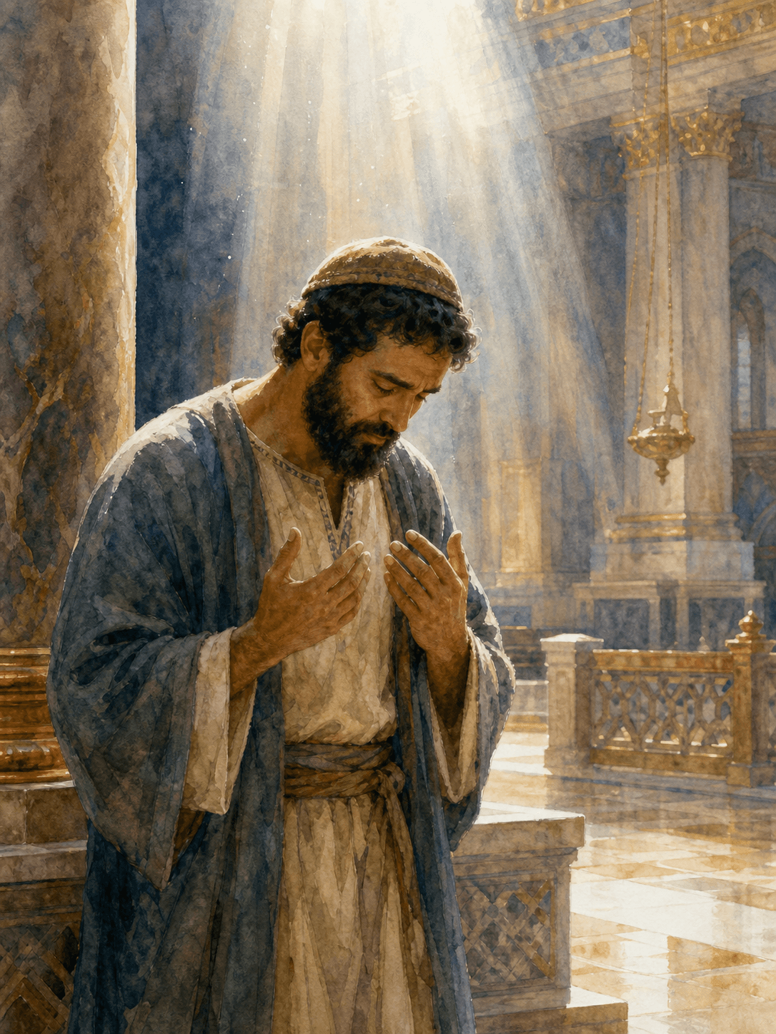 A man praying with open hands in the Temple — watercolor illustration