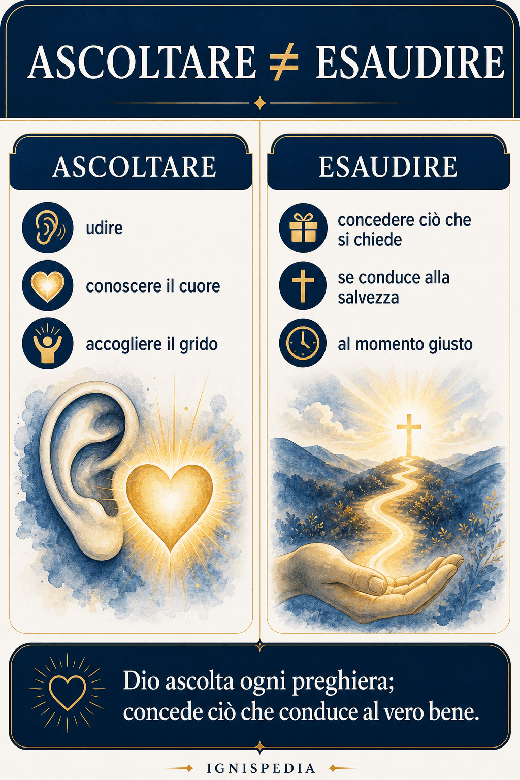 Infografica: differenza tra ascoltare (udire, conoscere il cuore, accogliere il grido) ed esaudire (concedere l'oggetto richiesto)