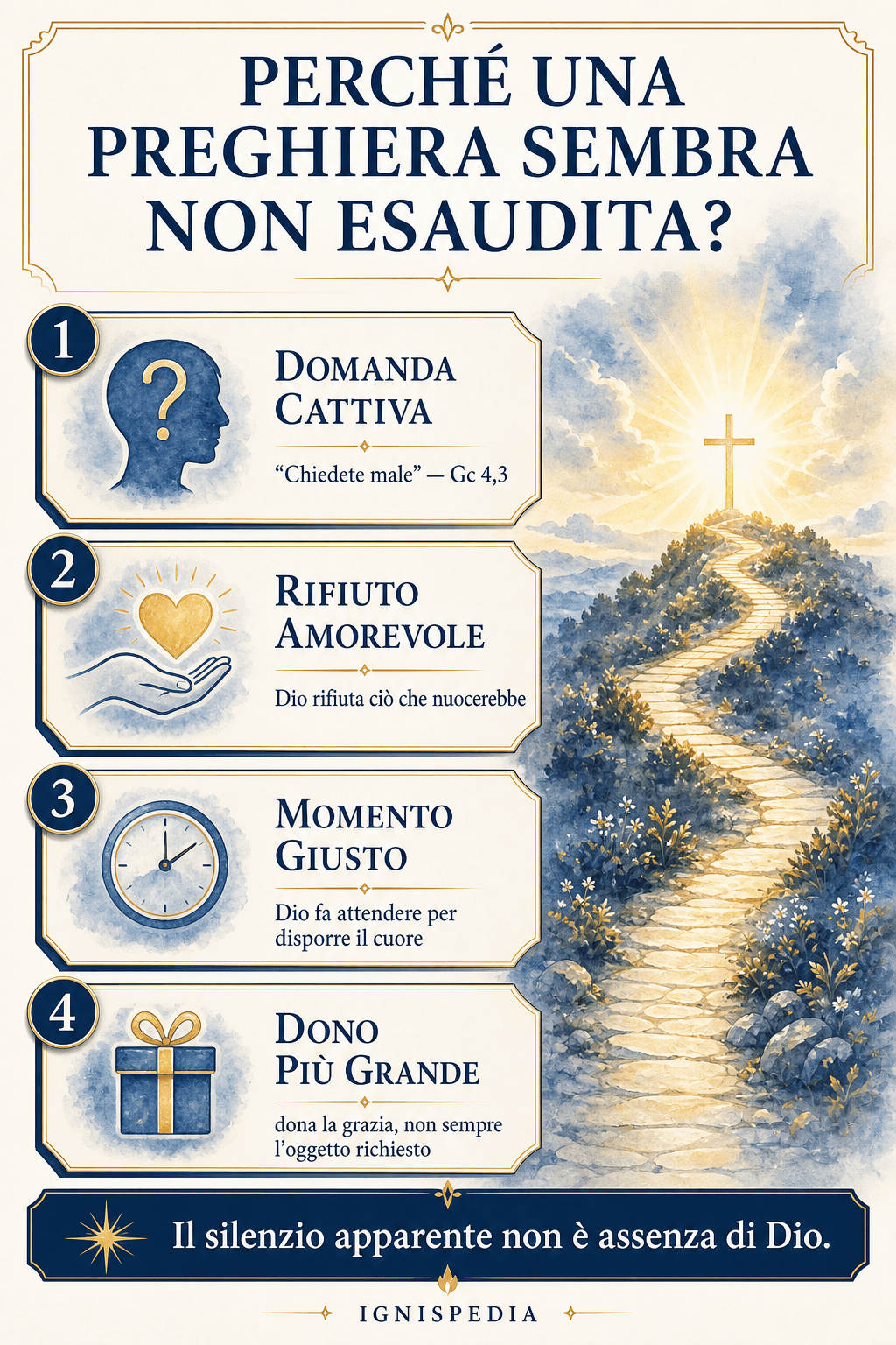 Infografica: perché una preghiera può sembrare senza risposta — domanda cattiva, rifiuto amorevole, momento giusto, dono più grande
