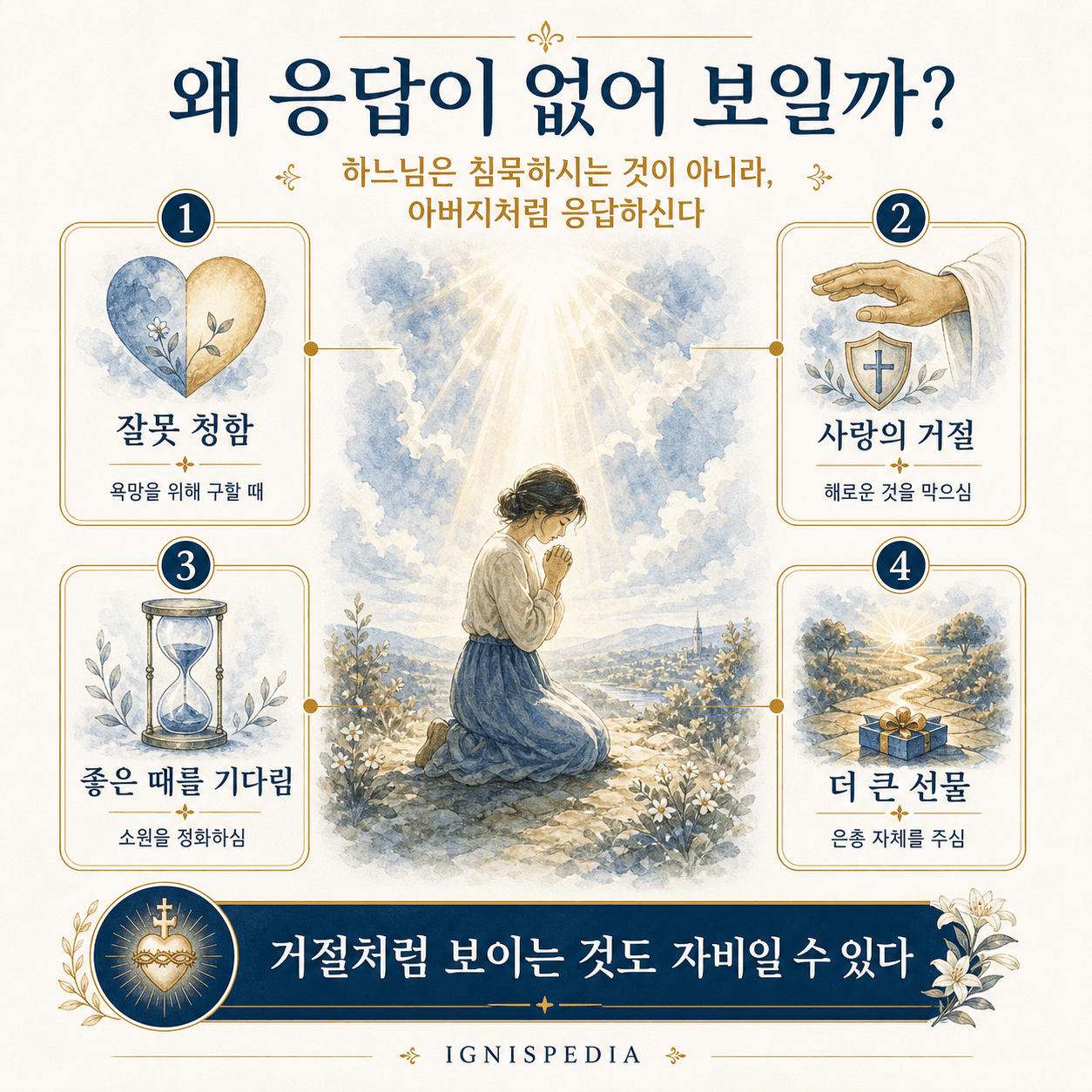 인포그래픽: 기도가 응답 없는 것처럼 보이는 이유(잘못 청함, 사랑의 거절, 좋은 때를 기다림, 더 큰 선물)