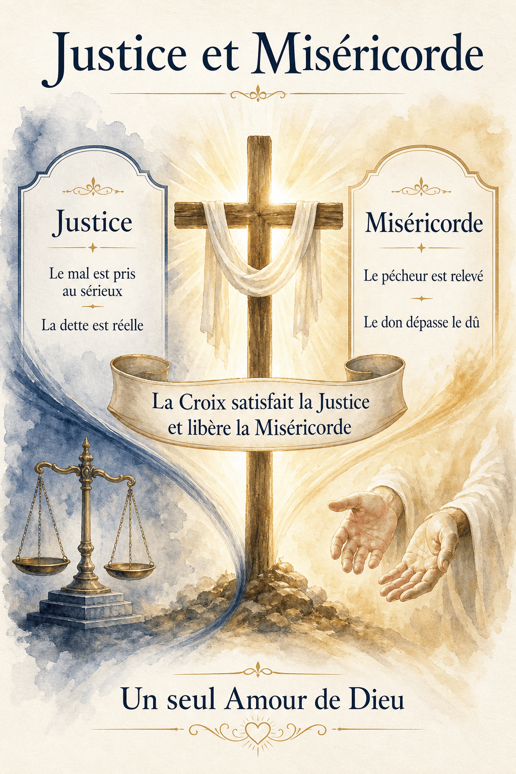 Infographie montrant la Justice et la Miséricorde réunies dans la Croix du Christ