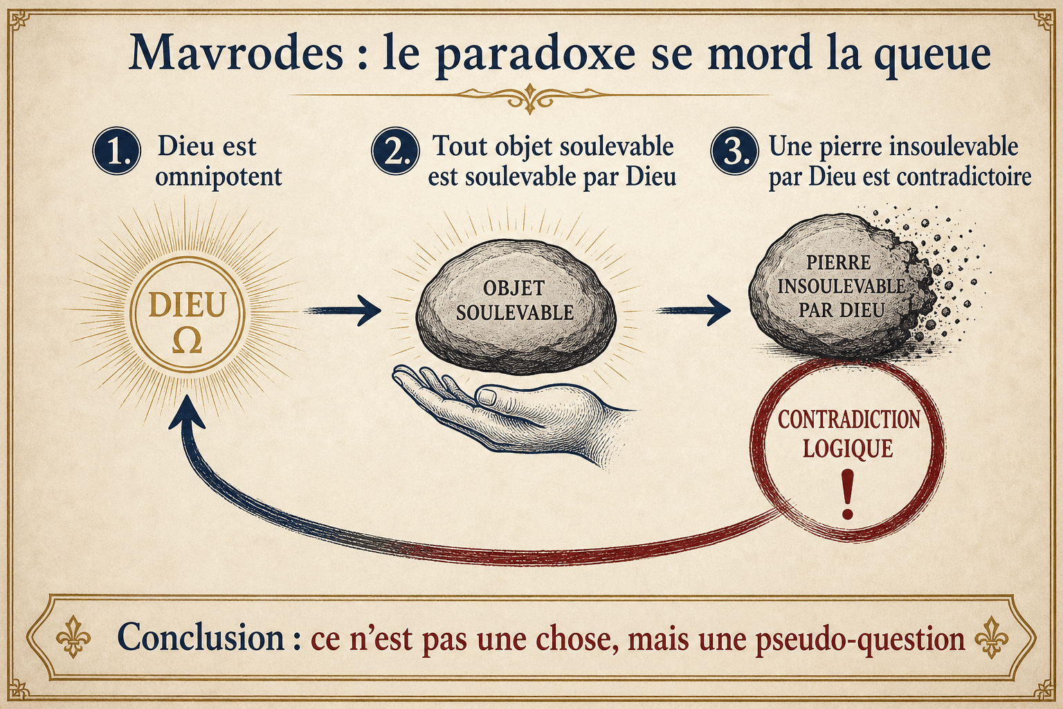 Schéma de l'argument de Mavrodes en trois étapes