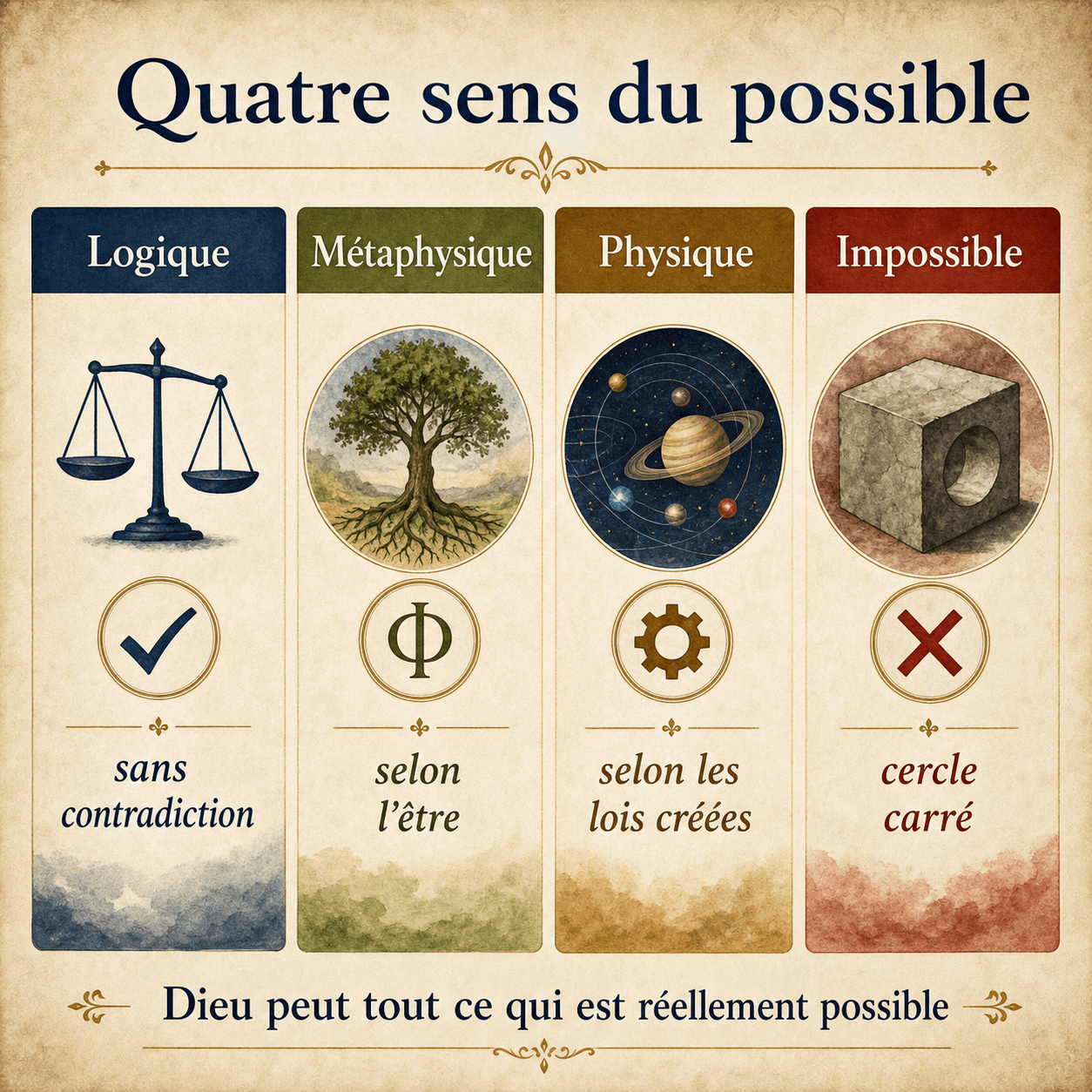 Infographie distinguant possible logique, possible métaphysique, possible physique et impossible logique