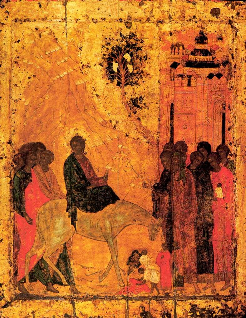 Русская икона Входа в Иерусалим: Христос, толпа и дети.