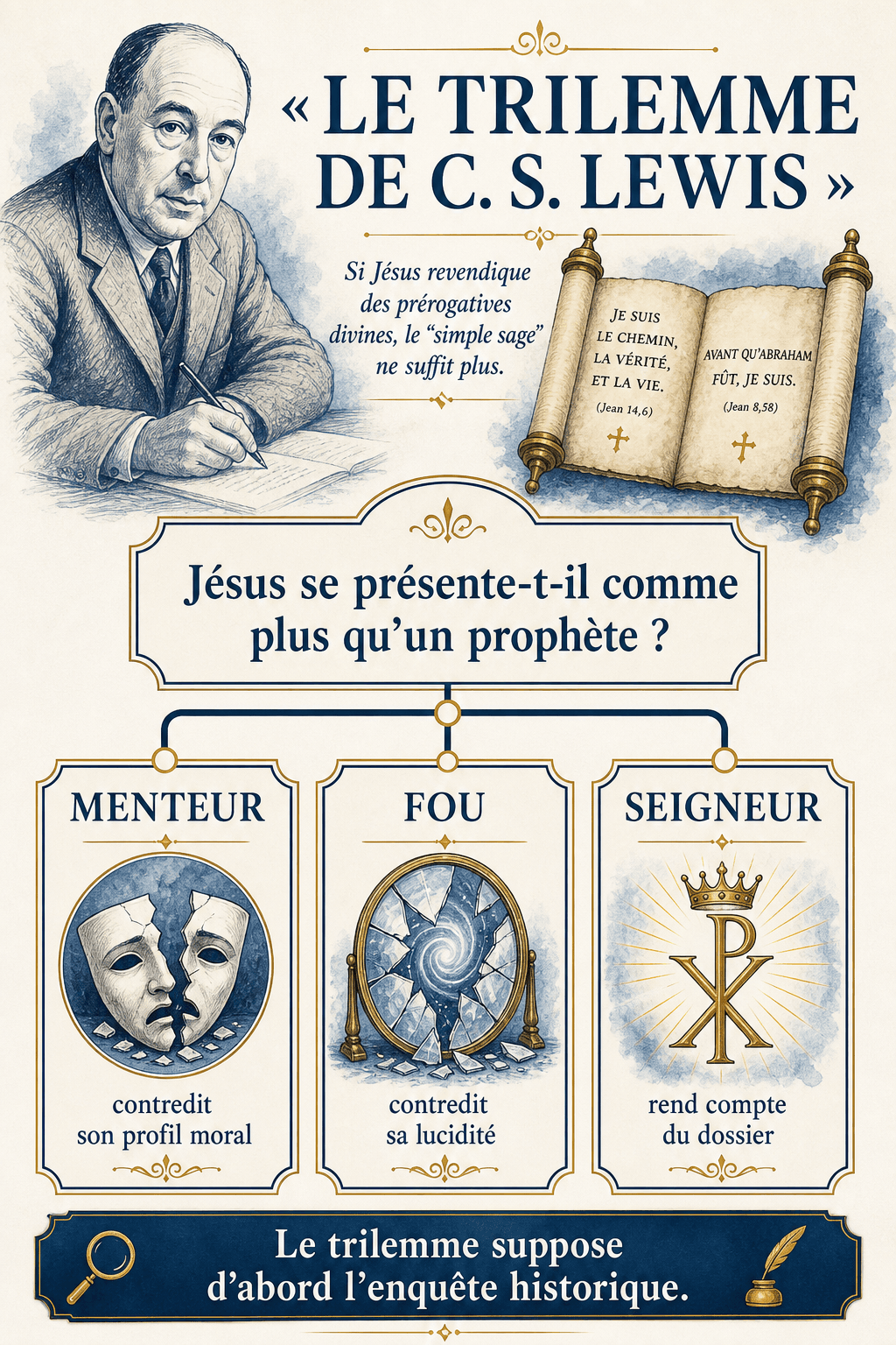 Schéma du trilemme de C. S. Lewis : Menteur, Fou ou Seigneur