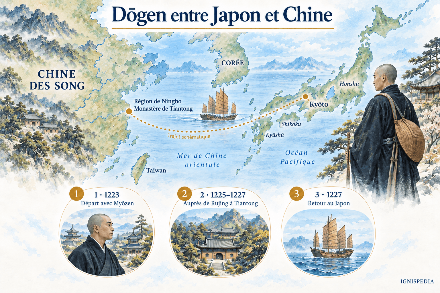 Schematische Reiseroute Dōgens zwischen Japan und der Region Ningbo: Aufbruch 1223, Rujing 1225–1227, Rückkehr 1227.