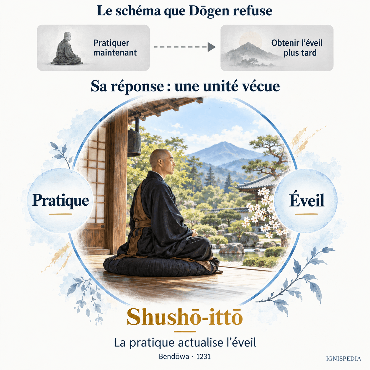 Dōgen stellt Praxis und Erwachen als gelebte Einheit dar, nicht als zwei getrennte Momente.