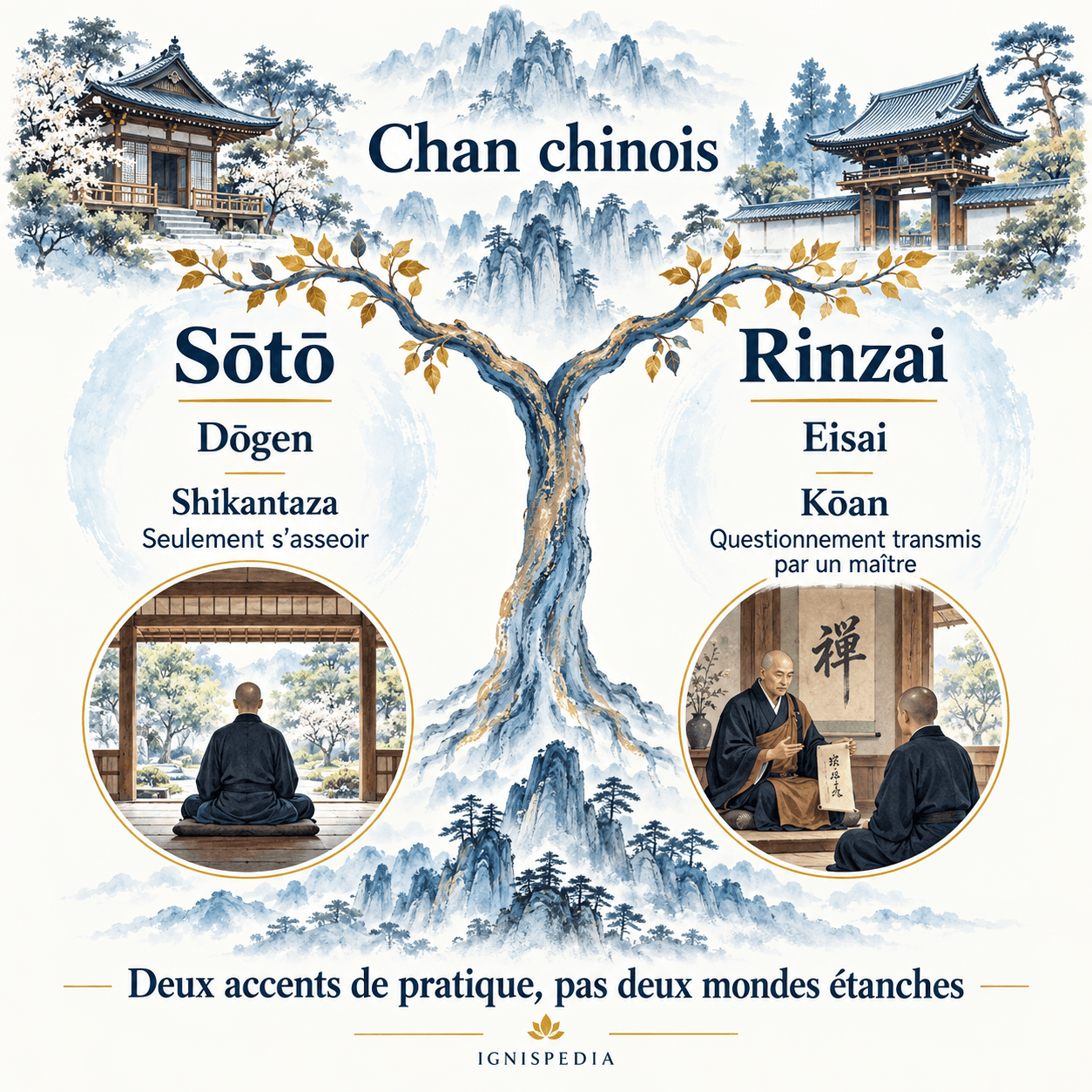 Sōtō und Rinzai: zwei Traditionen des japanischen Zen aus dem chinesischen Chan, mit unterschiedlichen Akzenten in der Praxis.