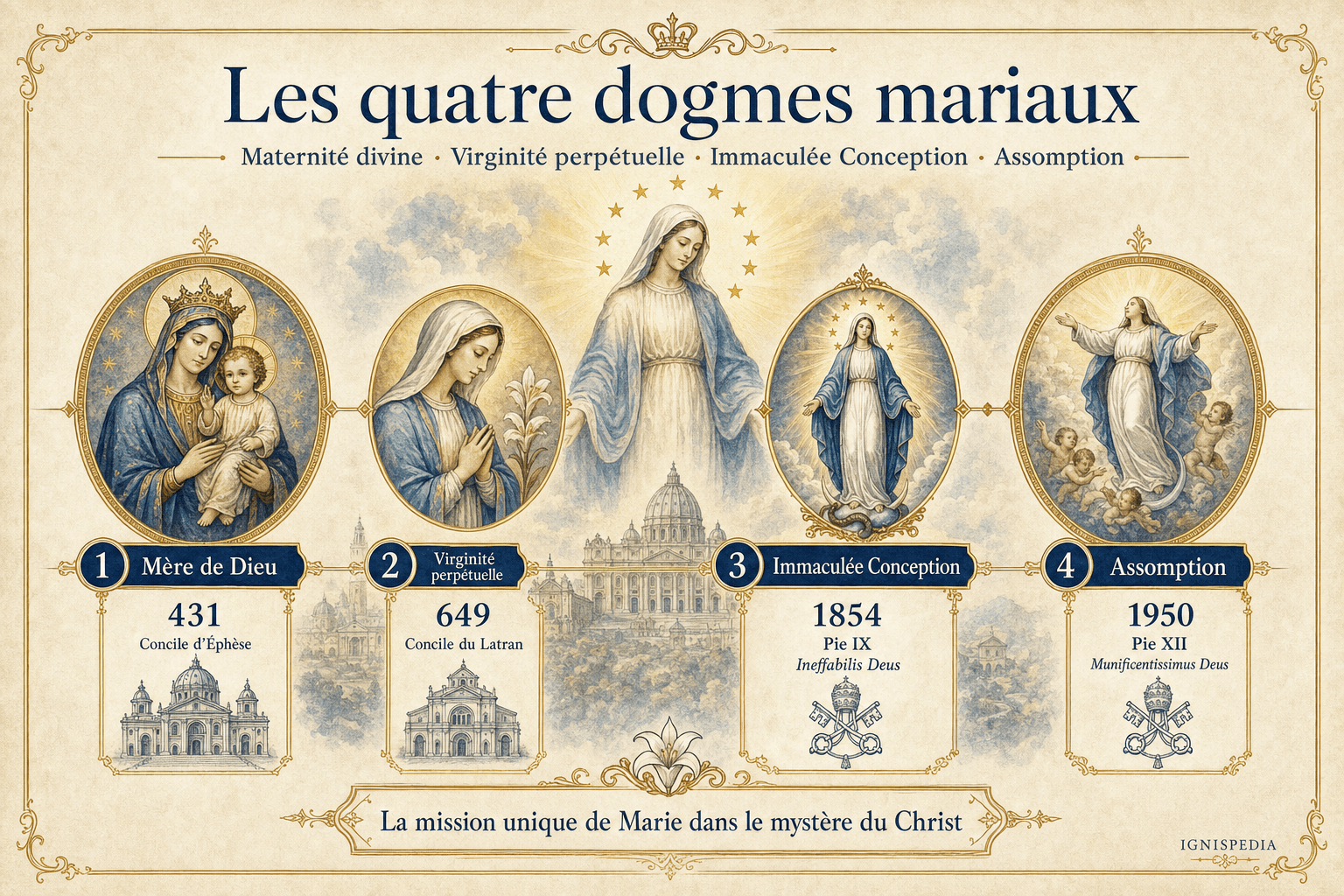 Frise chronologique des quatre dogmes mariaux de l'Église catholique