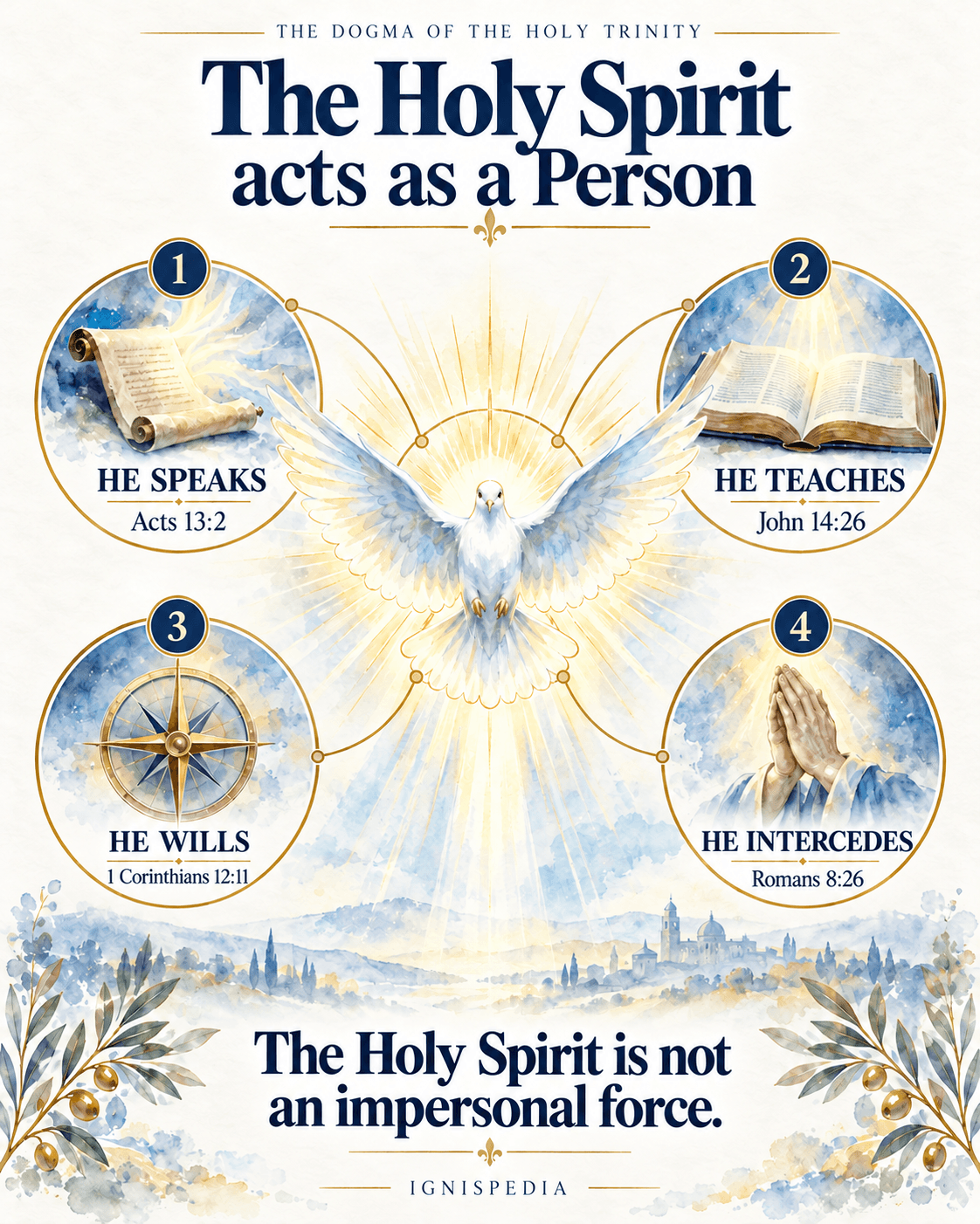Four personal acts attributed to the Holy Spirit in the New Testament: speaking, teaching, willing and interceding