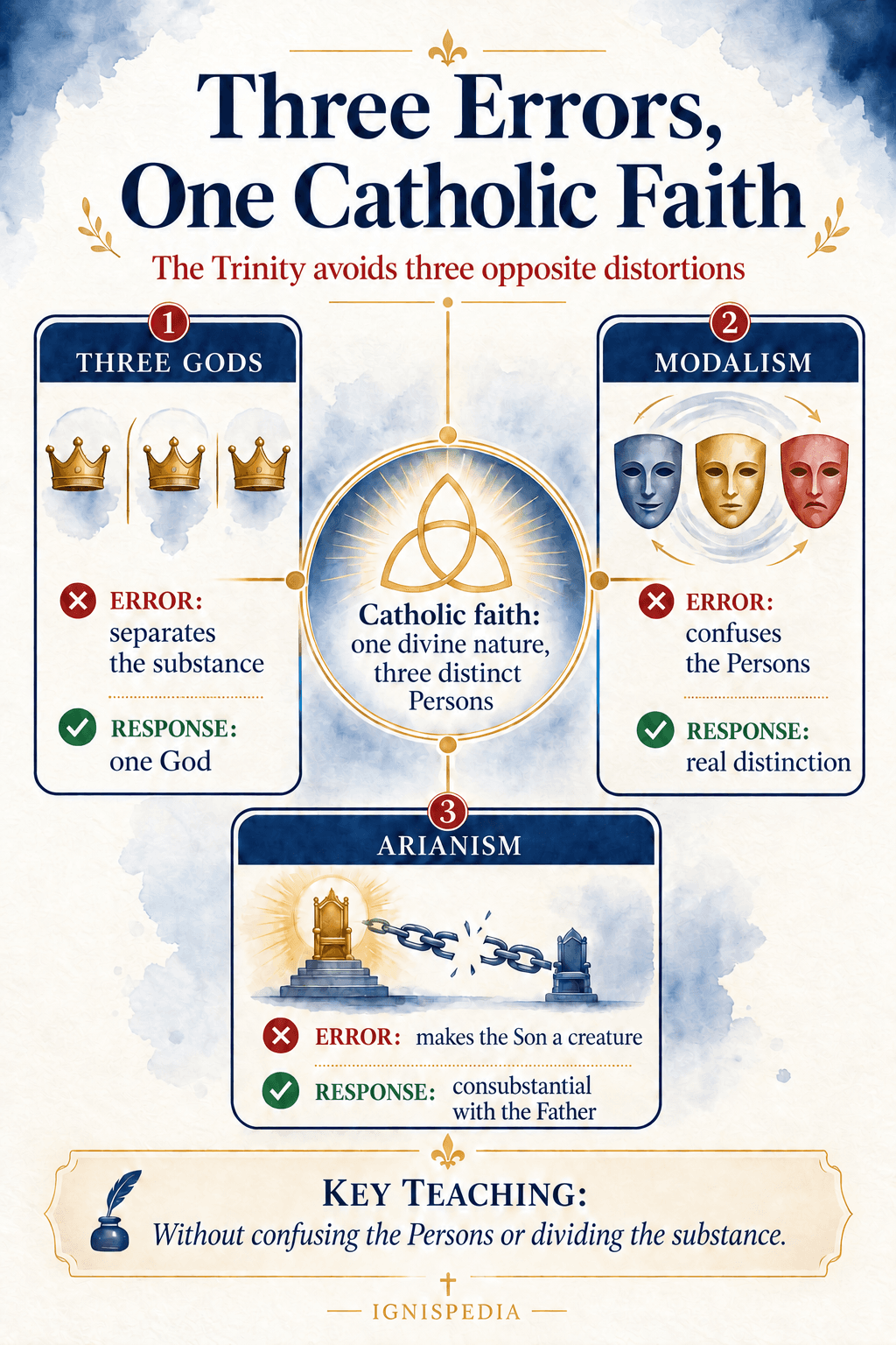Infographic on the three errors rejected by Trinitarian doctrine: tritheism, modalism, and Arianism